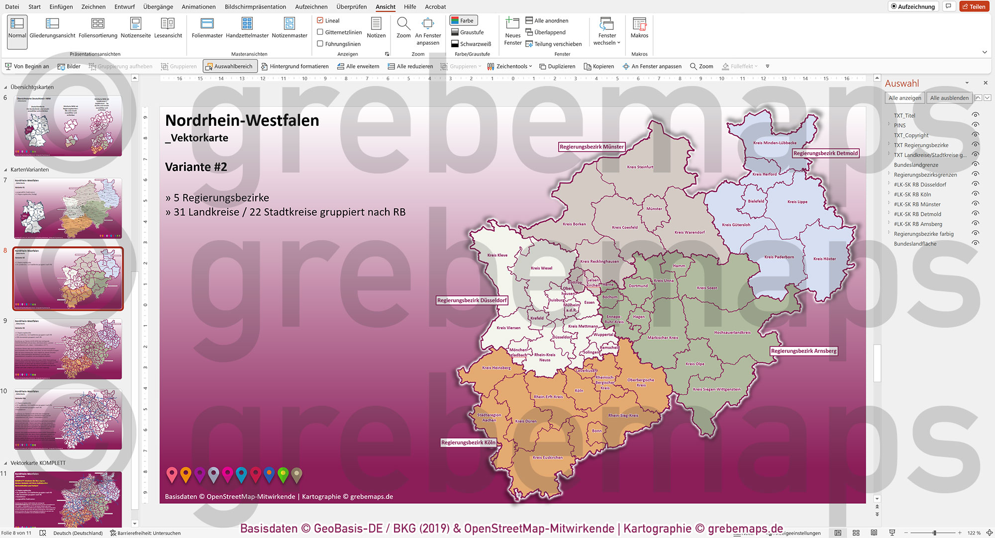 PowerPoint-Karte Nordrhein-Westfalen NRW Gemeinden Landkreise Regierungsbezirke Autobahnen einfärbbar bearbeitbar download - mit Deutschlandkarte [Digital] – Bild 7