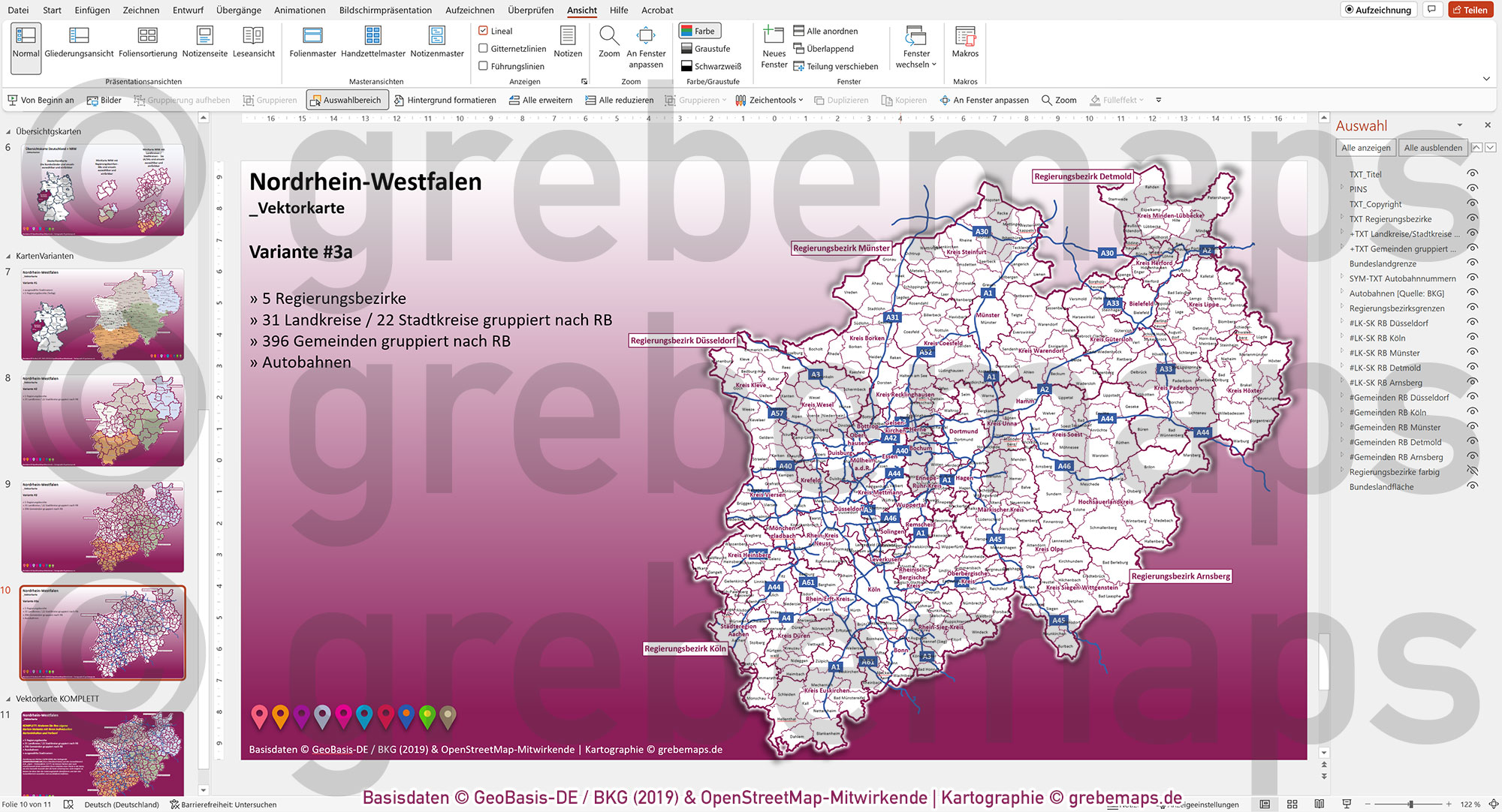 PowerPoint-Karte Nordrhein-Westfalen NRW Gemeinden Landkreise Regierungsbezirke Autobahnen einfärbbar bearbeitbar download - mit Deutschlandkarte [Digital] – Bild 9