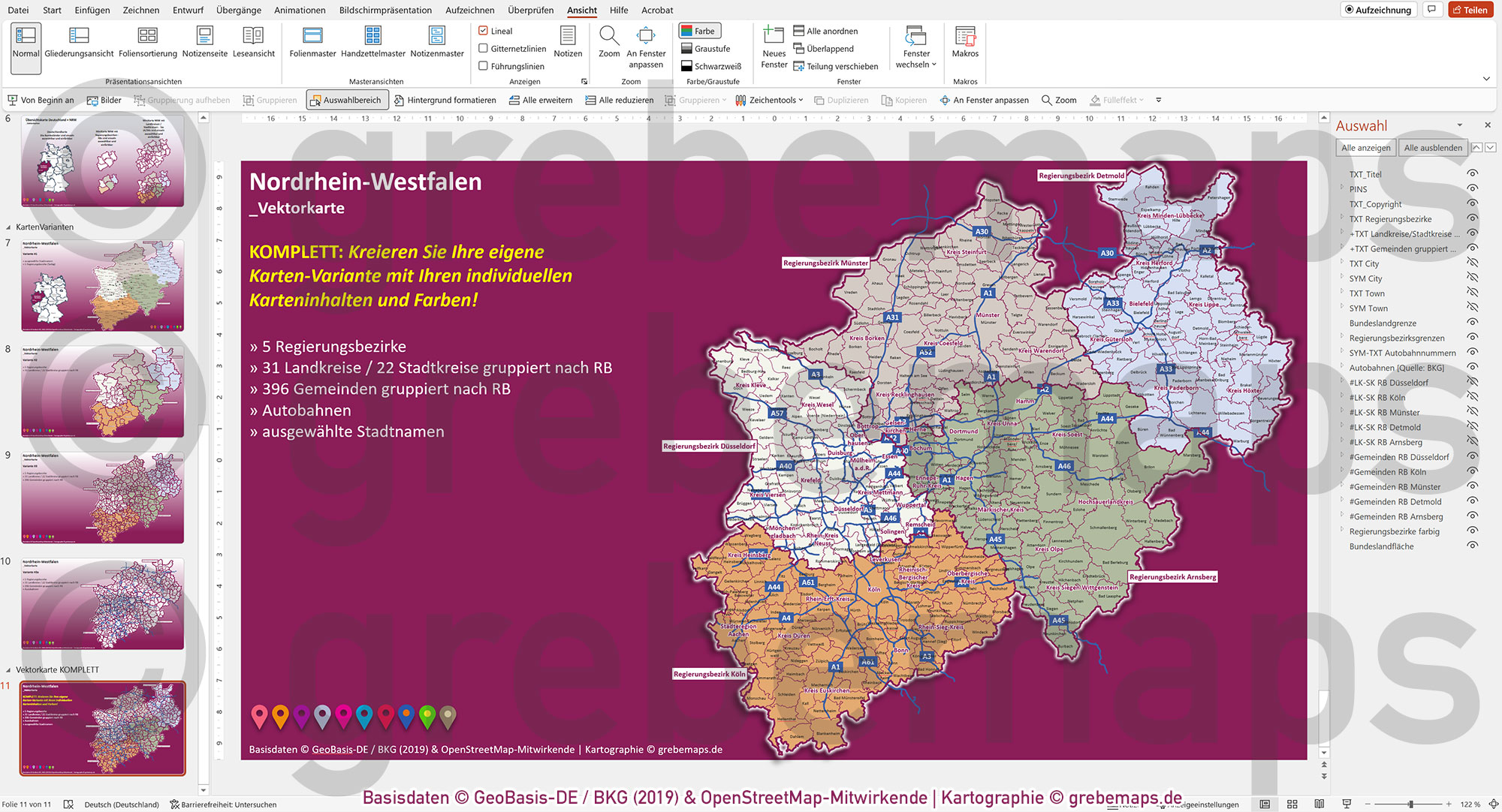 PowerPoint-Karte Nordrhein-Westfalen NRW Gemeinden Landkreise Regierungsbezirke Autobahnen einfärbbar bearbeitbar download - mit Deutschlandkarte [Digital] – Bild 10