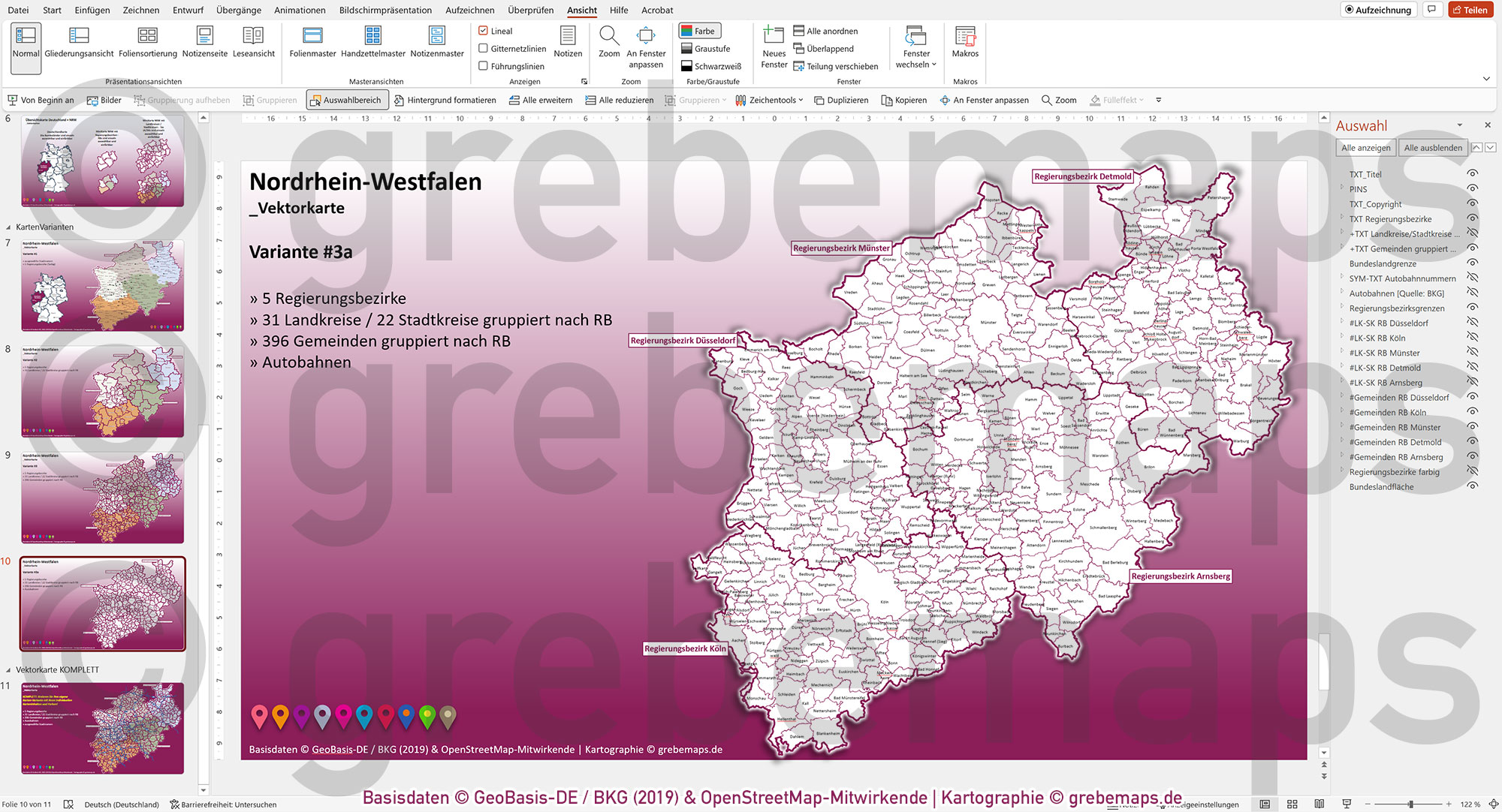 PowerPoint-Karte Nordrhein-Westfalen NRW Gemeinden Landkreise Regierungsbezirke Autobahnen einfärbbar bearbeitbar download - mit Deutschlandkarte [Digital] – Bild 11