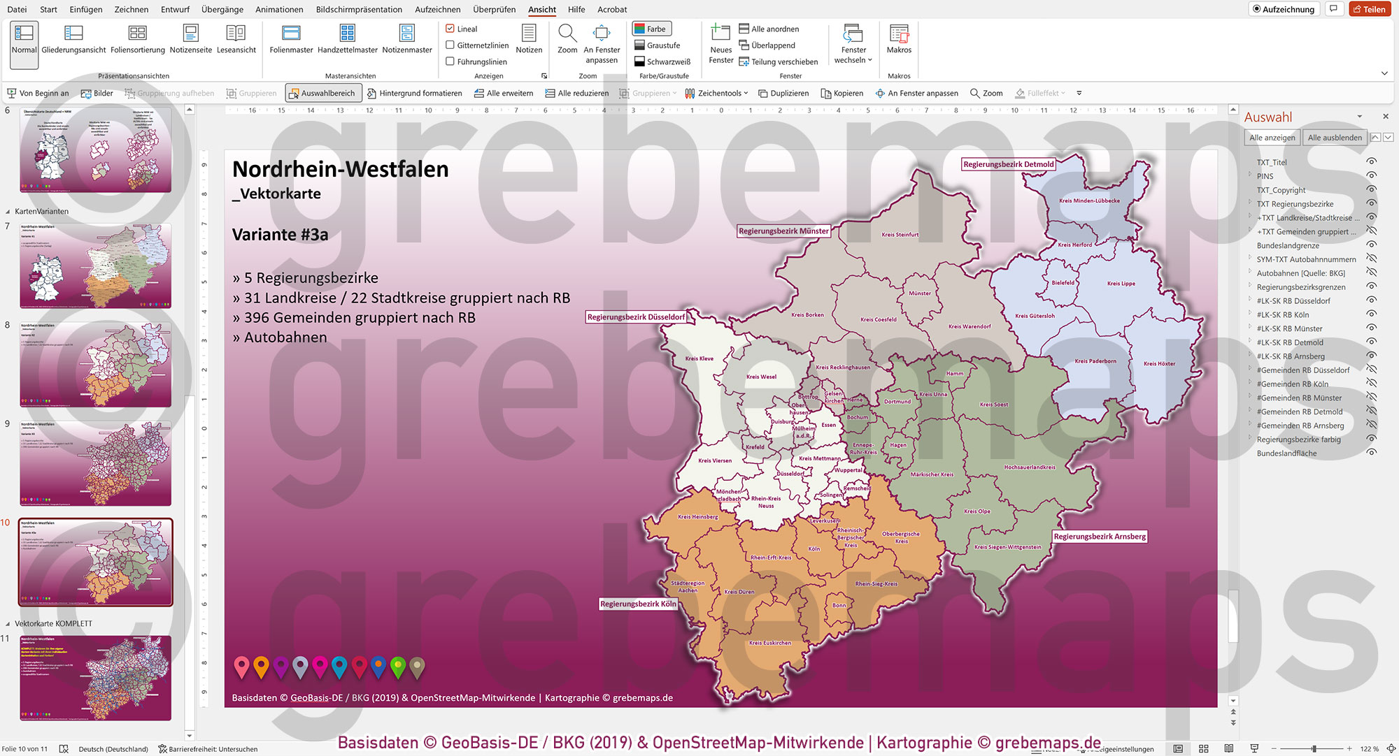 PowerPoint-Karte Nordrhein-Westfalen NRW Gemeinden Landkreise Regierungsbezirke Autobahnen einfärbbar bearbeitbar download - mit Deutschlandkarte [Digital] – Bild 12