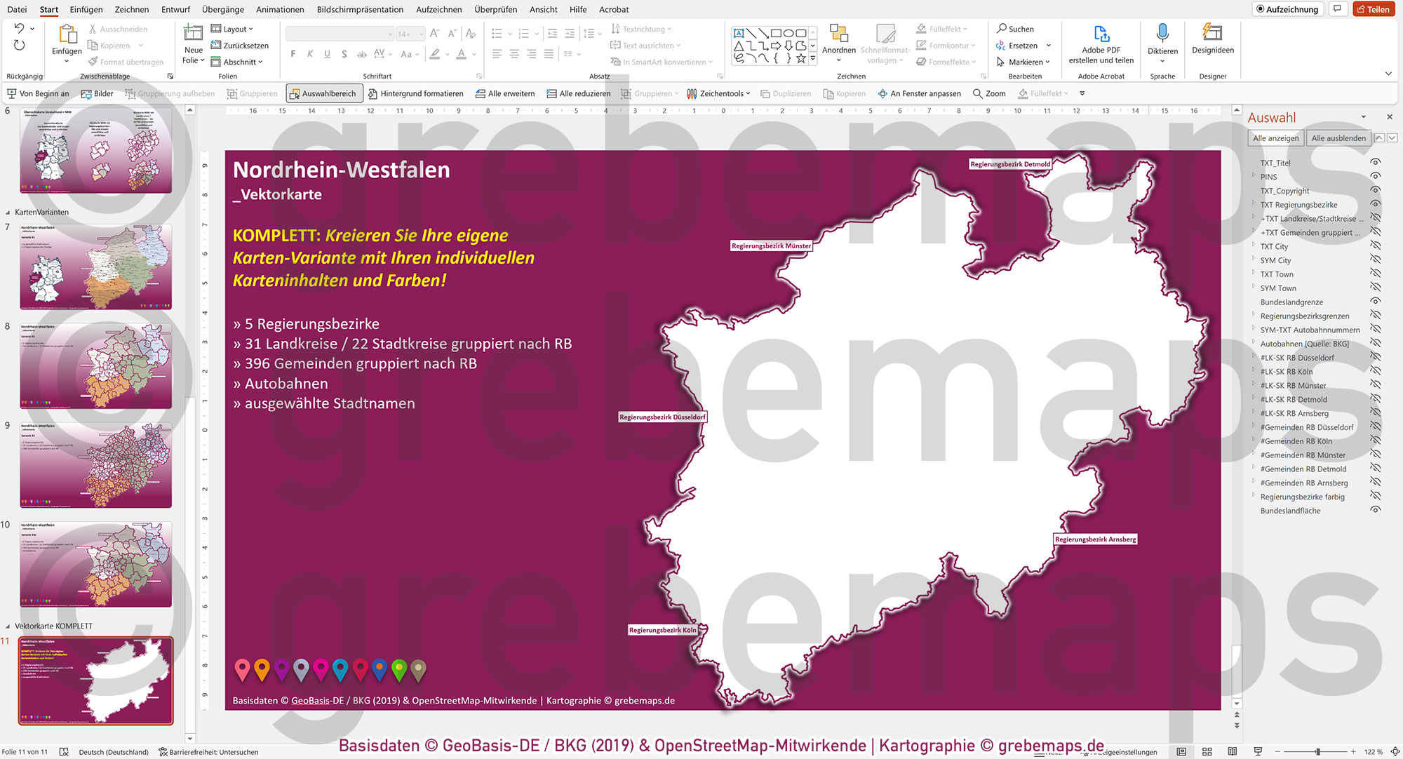 PowerPoint-Karte Nordrhein-Westfalen NRW Gemeinden Landkreise Regierungsbezirke Autobahnen einfärbbar bearbeitbar download - mit Deutschlandkarte [Digital] – Bild 13