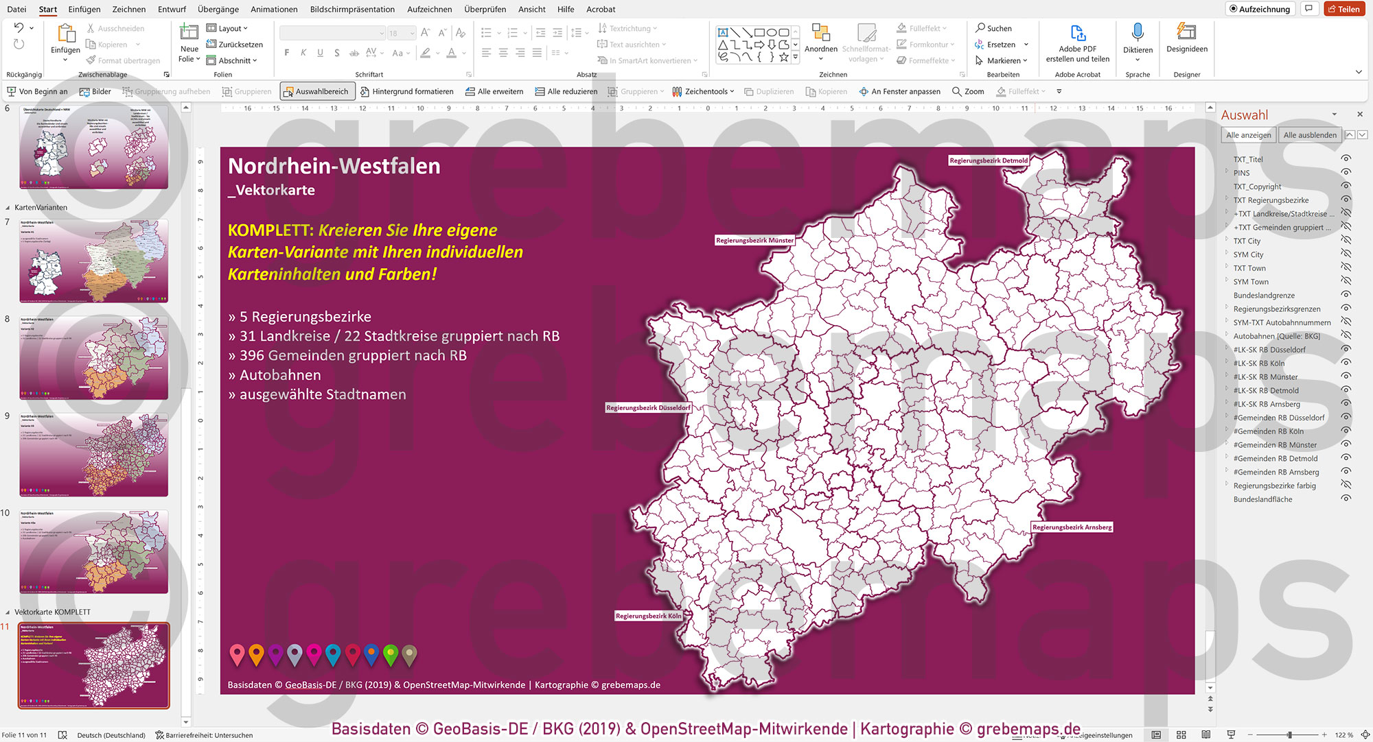 PowerPoint-Karte Nordrhein-Westfalen NRW Gemeinden Landkreise Regierungsbezirke Autobahnen einfärbbar bearbeitbar download - mit Deutschlandkarte [Digital] – Bild 16