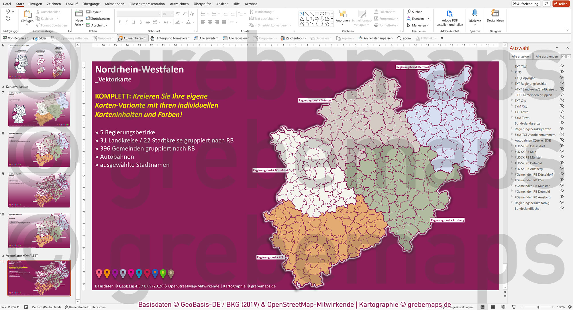 PowerPoint-Karte Nordrhein-Westfalen NRW Gemeinden Landkreise Regierungsbezirke Autobahnen einfärbbar bearbeitbar download - mit Deutschlandkarte [Digital] – Bild 17