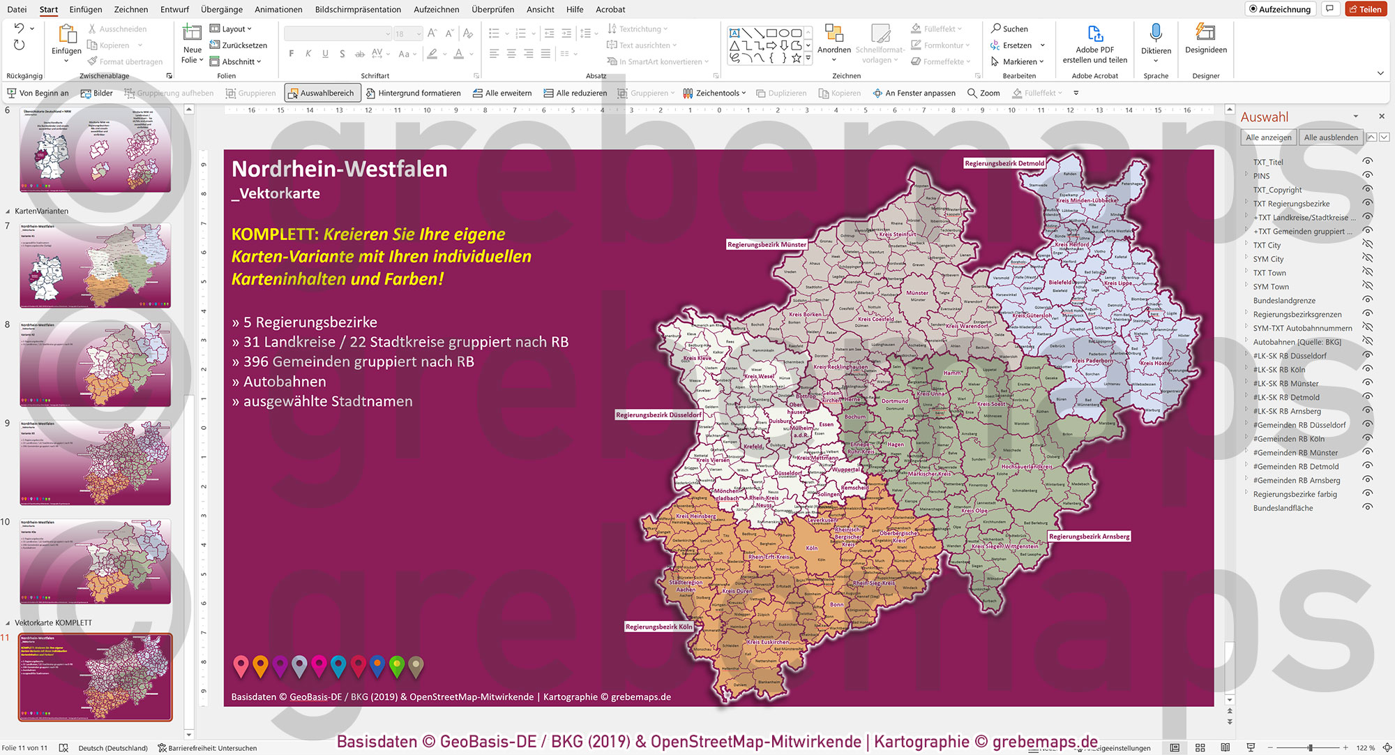 PowerPoint-Karte Nordrhein-Westfalen NRW Gemeinden Landkreise Regierungsbezirke Autobahnen einfärbbar bearbeitbar download - mit Deutschlandkarte [Digital] – Bild 18