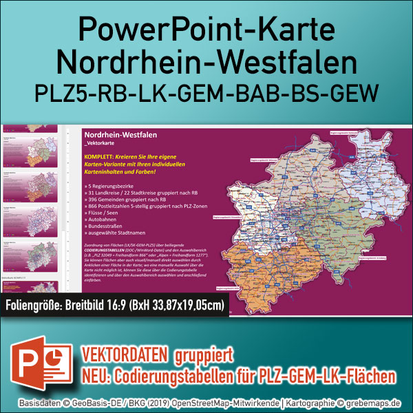 PowerPoint-Karte Nordrhein-Westfalen NRW Postleitzahlen 5-stellig Gemeinden Landkreise Regierungsbezirke Autobahnen einfärbbar bearbeitbar download - mit Deutschlandkarte [Digital]