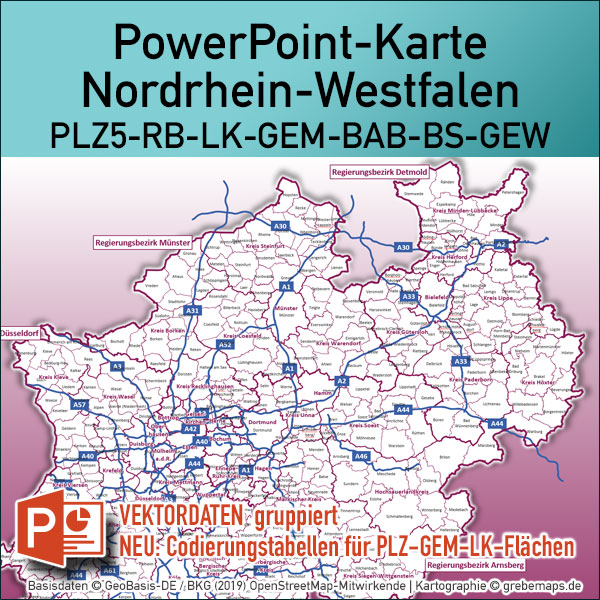 PowerPoint-Karte Nordrhein-Westfalen NRW Postleitzahlen 5-stellig Gemeinden Landkreise Regierungsbezirke Autobahnen einfärbbar bearbeitbar download - mit Deutschlandkarte [Digital] – Bild 2
