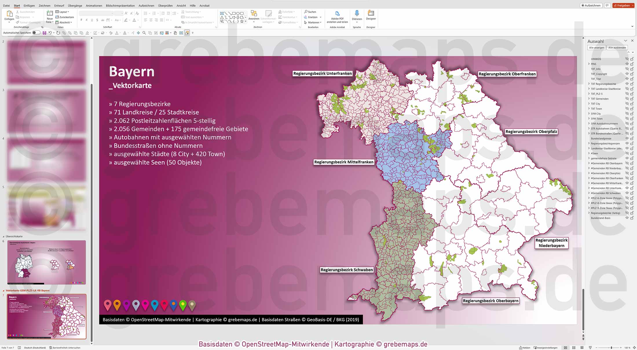 PowerPoint-Karte Bayern Postleitzahlen PLZ 5-stellig Gemeinden Landkreise Regierungsbezirke Autobahnen einfärbbar bearbeitbar download - mit Deutschlandkarte (V2) [Digital] – Bild 23