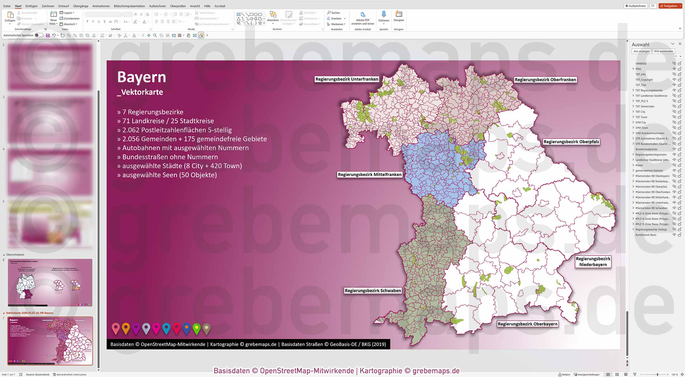 PowerPoint-Karte Bayern Postleitzahlen PLZ 5-stellig Gemeinden Landkreise Regierungsbezirke Autobahnen einfärbbar bearbeitbar download - mit Deutschlandkarte (V2) [Digital] – Bild 22