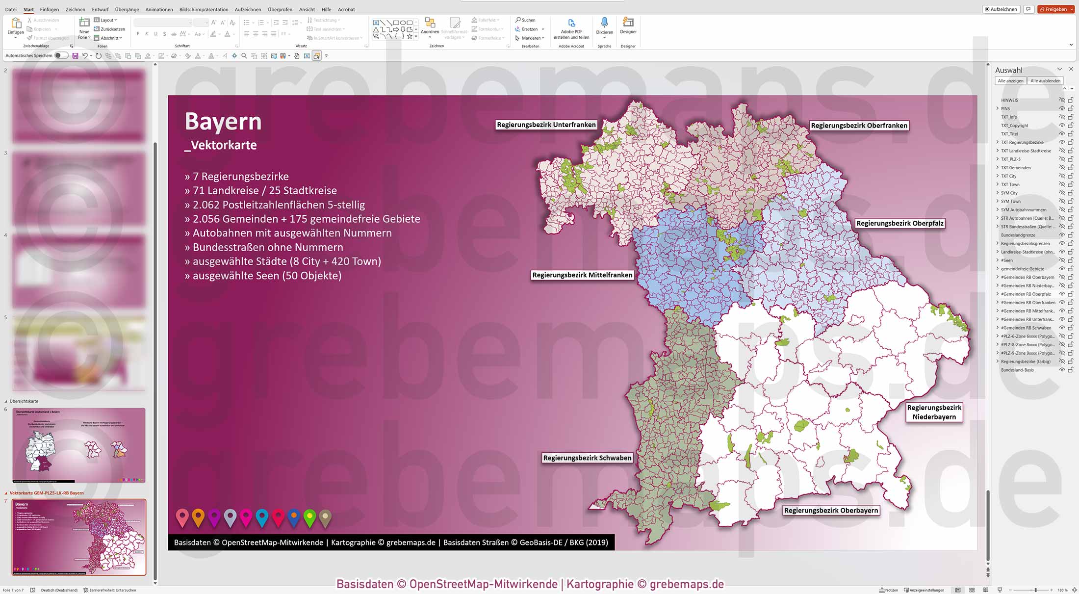 PowerPoint-Karte Bayern Postleitzahlen PLZ 5-stellig Gemeinden Landkreise Regierungsbezirke Autobahnen einfärbbar bearbeitbar download - mit Deutschlandkarte (V2) [Digital] – Bild 21