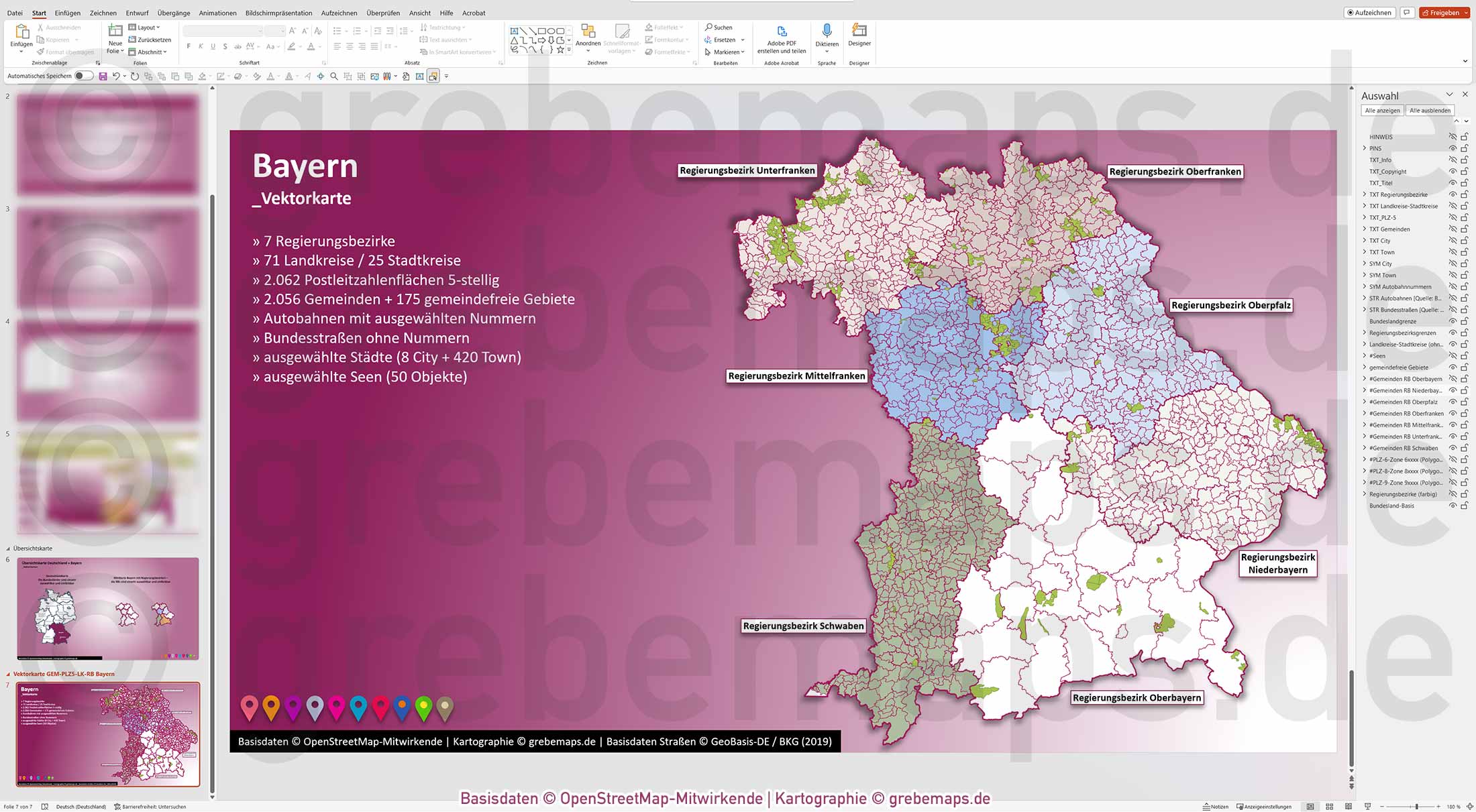 PowerPoint-Karte Bayern Postleitzahlen PLZ 5-stellig Gemeinden Landkreise Regierungsbezirke Autobahnen einfärbbar bearbeitbar download - mit Deutschlandkarte (V2) [Digital] – Bild 20