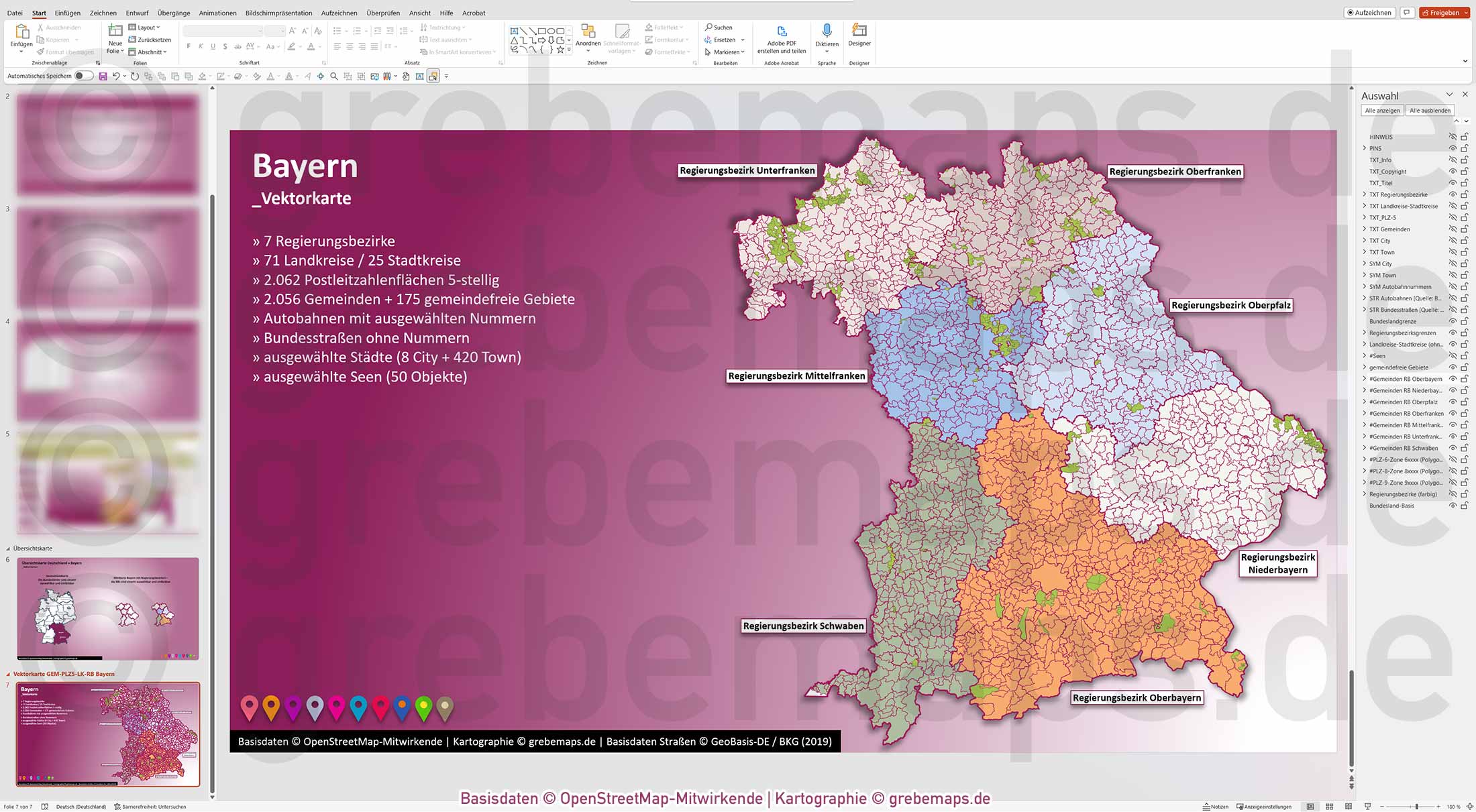 PowerPoint-Karte Bayern Postleitzahlen PLZ 5-stellig Gemeinden Landkreise Regierungsbezirke Autobahnen einfärbbar bearbeitbar download - mit Deutschlandkarte (V2) [Digital] – Bild 19