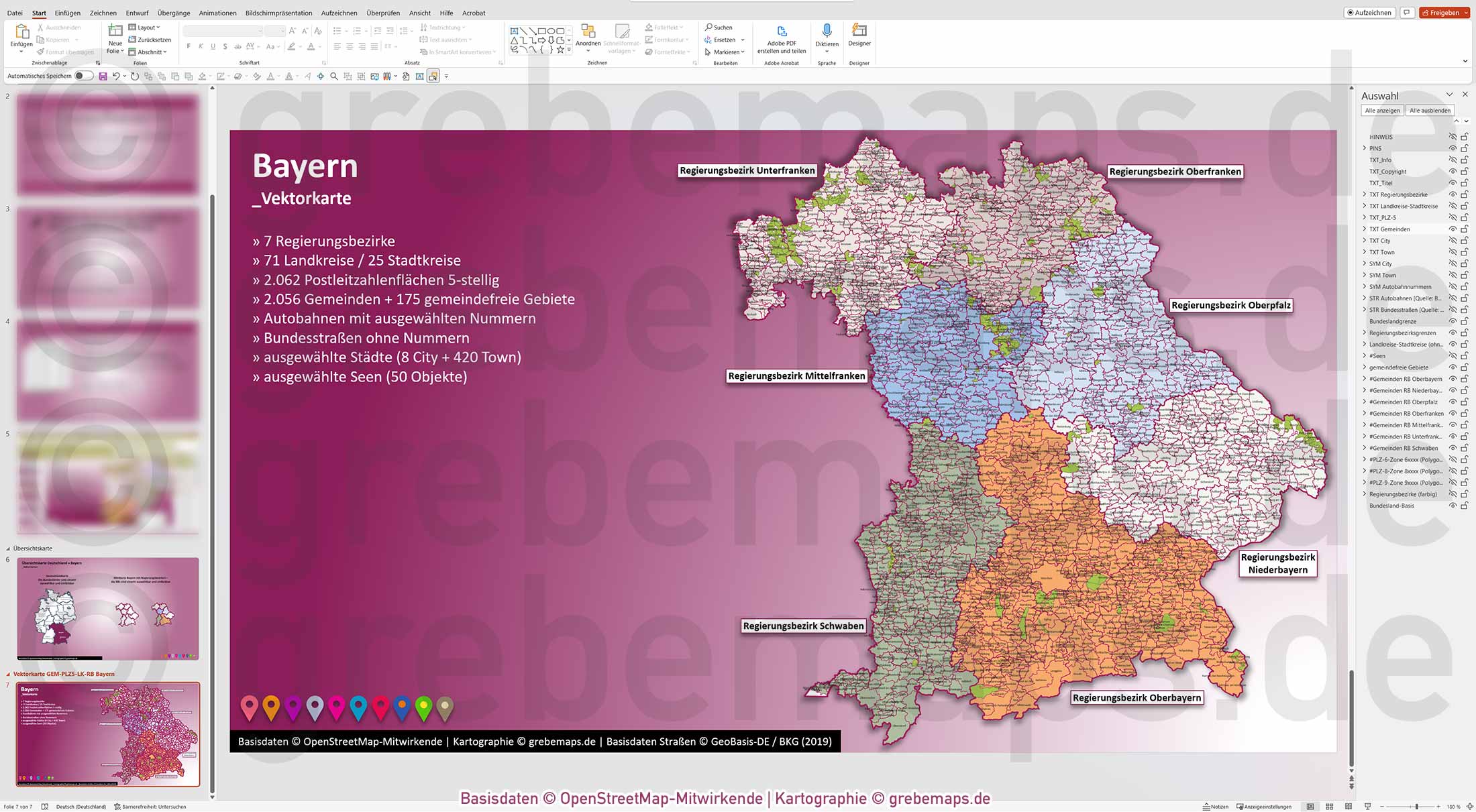 PowerPoint-Karte Bayern Postleitzahlen PLZ 5-stellig Gemeinden Landkreise Regierungsbezirke Autobahnen einfärbbar bearbeitbar download - mit Deutschlandkarte (V2) [Digital] – Bild 18