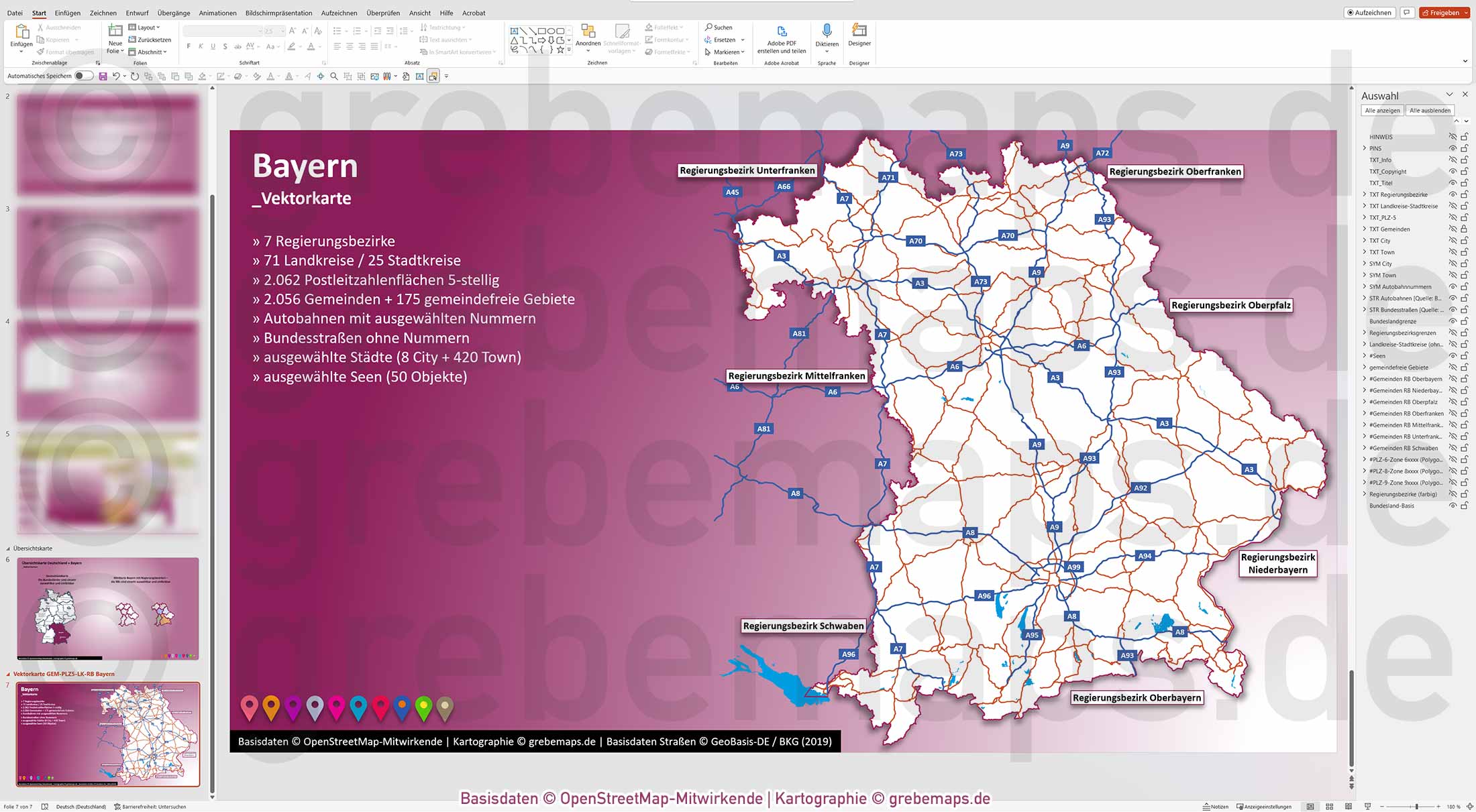 PowerPoint-Karte Bayern Postleitzahlen PLZ 5-stellig Gemeinden Landkreise Regierungsbezirke Autobahnen einfärbbar bearbeitbar download - mit Deutschlandkarte (V2) [Digital] – Bild 17