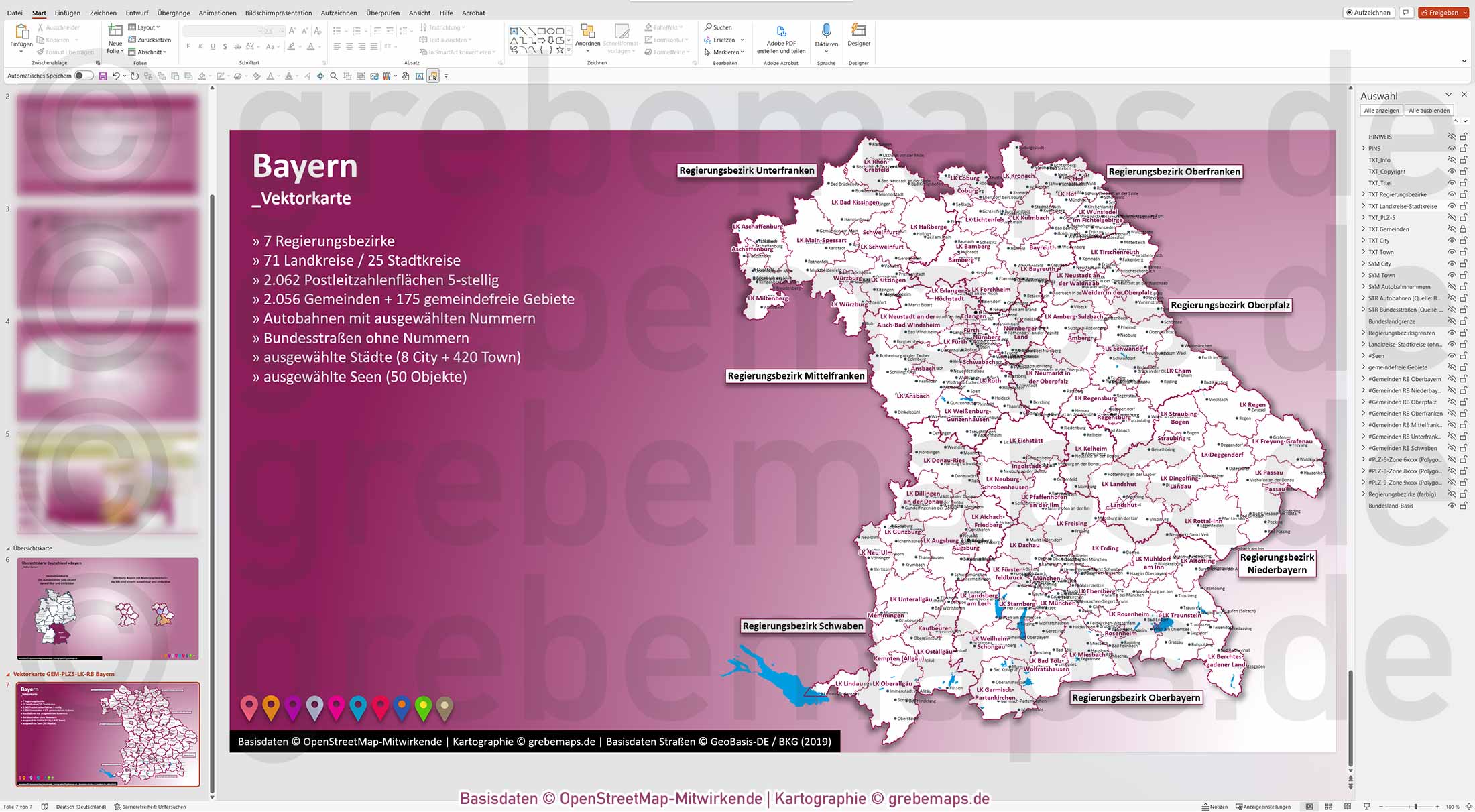 PowerPoint-Karte Bayern Postleitzahlen PLZ 5-stellig Gemeinden Landkreise Regierungsbezirke Autobahnen einfärbbar bearbeitbar download - mit Deutschlandkarte (V2) [Digital] – Bild 14
