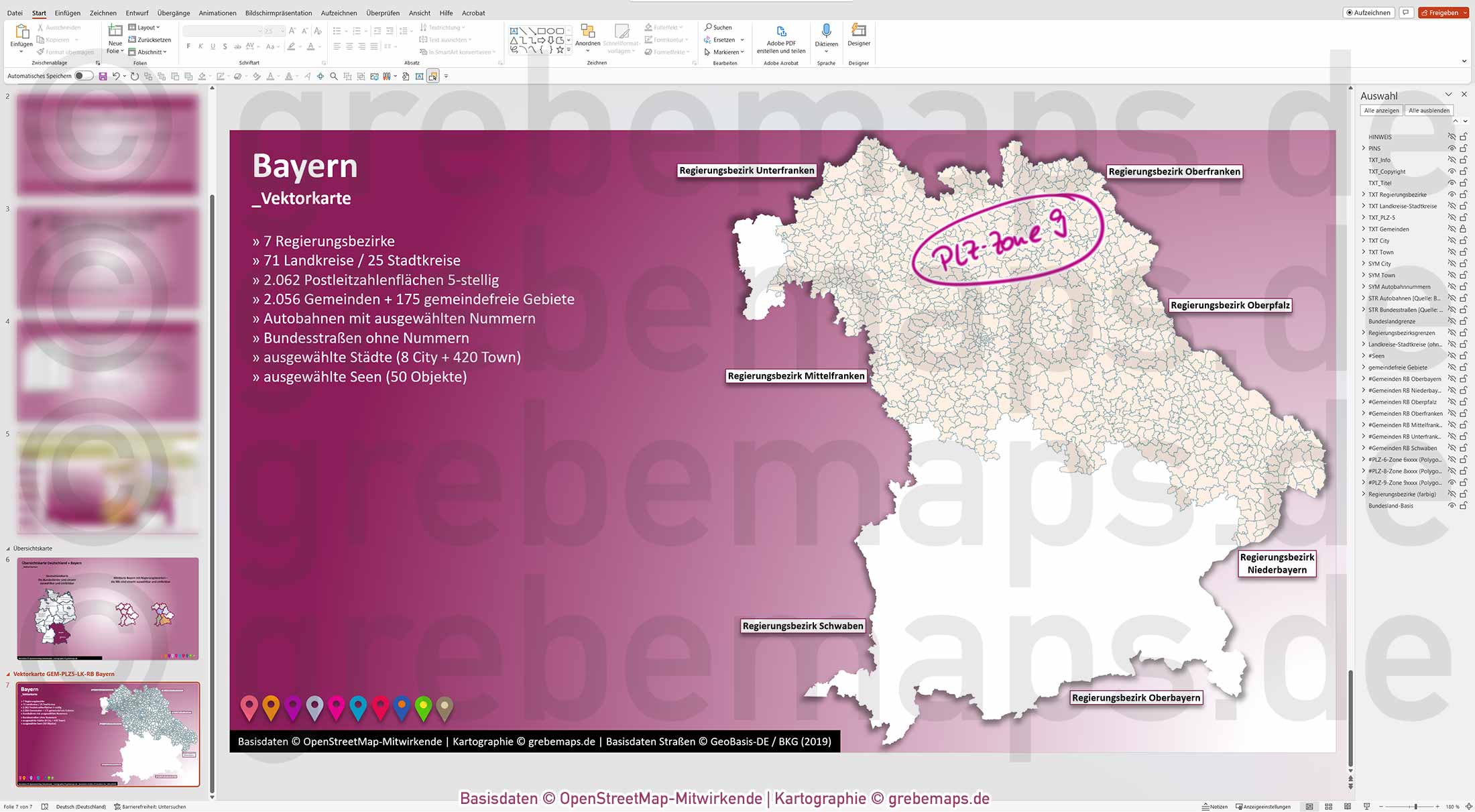 PowerPoint-Karte Bayern Postleitzahlen PLZ 5-stellig Gemeinden Landkreise Regierungsbezirke Autobahnen einfärbbar bearbeitbar download - mit Deutschlandkarte (V2) [Digital] – Bild 13