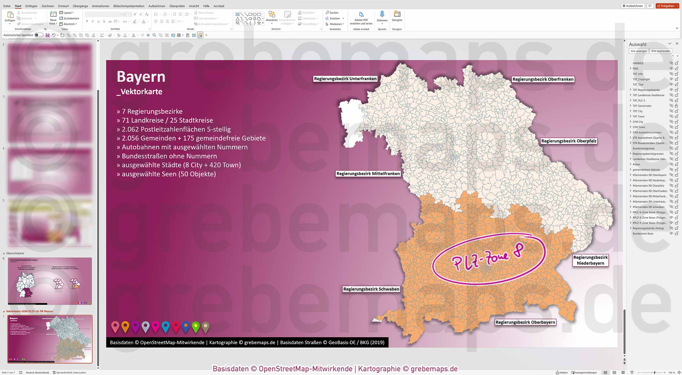 PowerPoint-Karte Bayern Postleitzahlen PLZ 5-stellig Gemeinden Landkreise Regierungsbezirke Autobahnen einfärbbar bearbeitbar download - mit Deutschlandkarte (V2) [Digital] – Bild 12