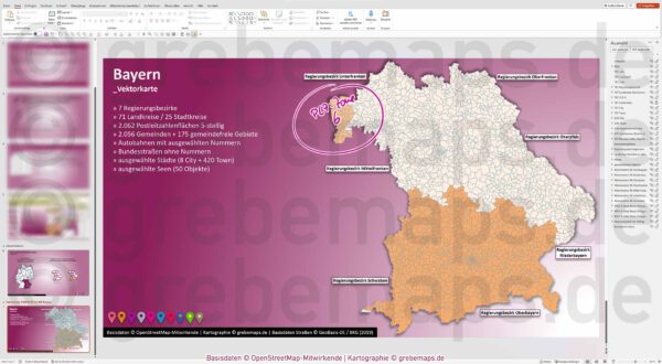 PowerPoint-Karte Bayern Postleitzahlen PLZ 5-stellig Gemeinden Landkreise Regierungsbezirke Autobahnen einfärbbar bearbeitbar download - mit Deutschlandkarte (V2) [Digital] – Bild 11