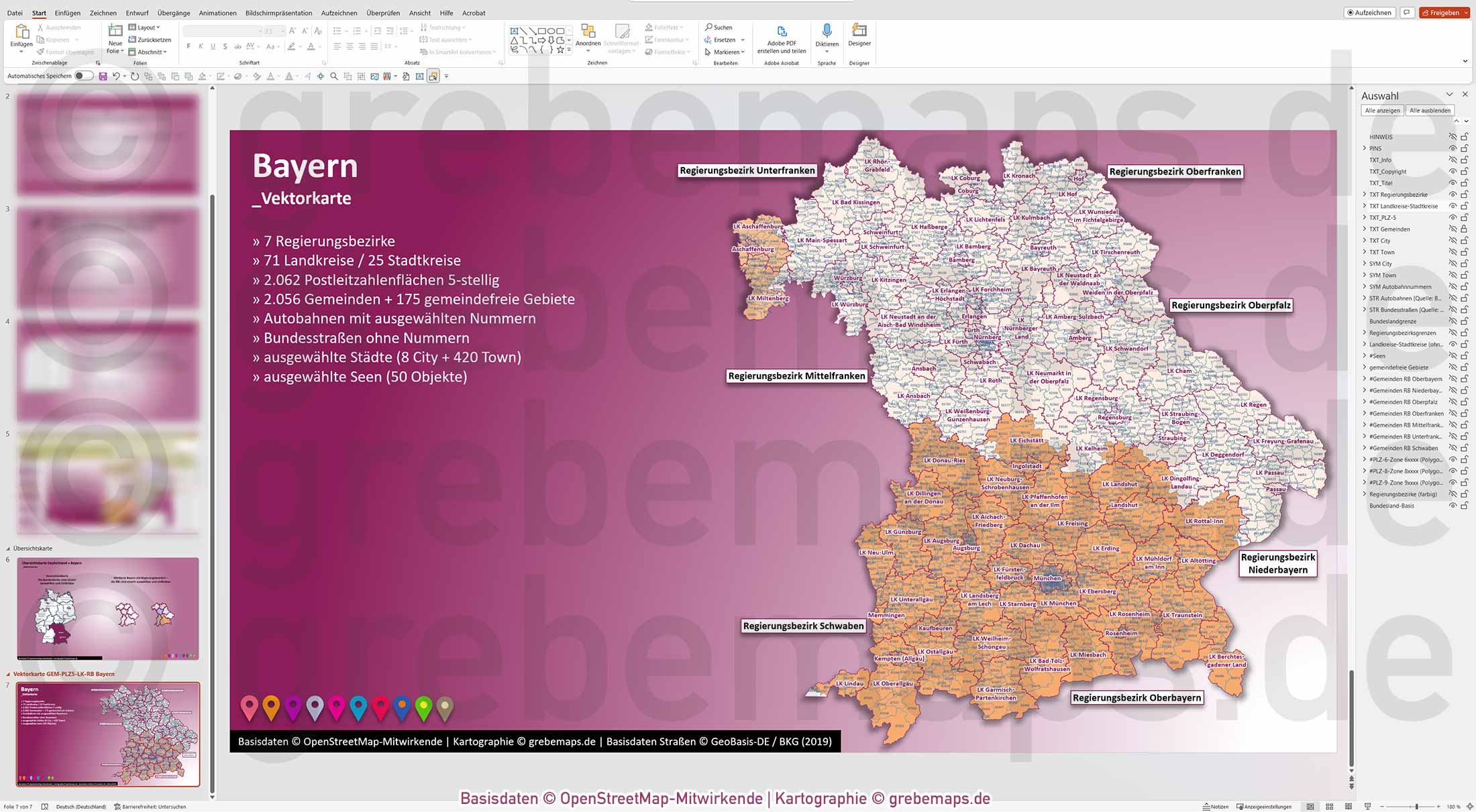 PowerPoint-Karte Bayern Postleitzahlen PLZ 5-stellig Gemeinden Landkreise Regierungsbezirke Autobahnen einfärbbar bearbeitbar download - mit Deutschlandkarte (V2) [Digital] – Bild 8