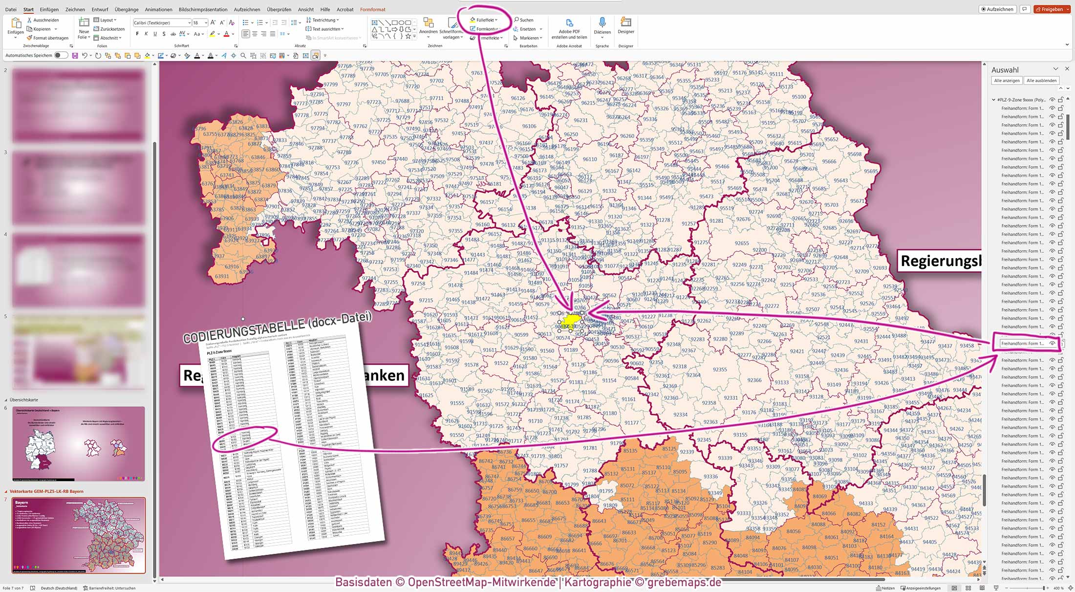 PowerPoint-Karte Bayern Postleitzahlen PLZ 5-stellig Gemeinden Landkreise Regierungsbezirke Autobahnen einfärbbar bearbeitbar download - mit Deutschlandkarte (V2) [Digital] – Bild 6