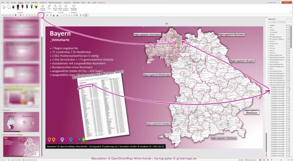 PowerPoint-Karte Bayern Postleitzahlen PLZ 5-stellig Gemeinden Landkreise Regierungsbezirke Autobahnen einfärbbar bearbeitbar download - mit Deutschlandkarte (V2) [Digital] – Bild 5
