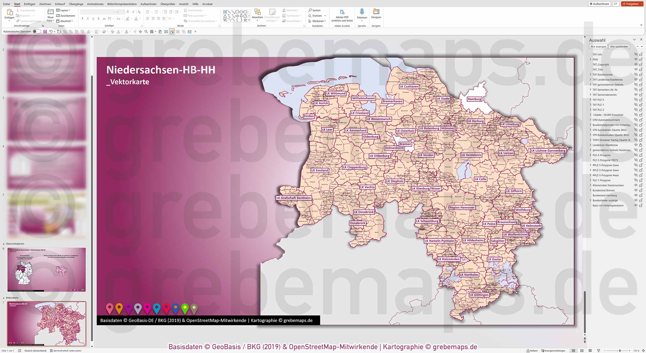 PowerPoint-Karte Niedersachsen Bremen Hamburg Postleitzahlen PLZ 5-stellig Gemeinden Landkreise Autobahnen einfärbbar bearbeitbar download - mit Deutschlandkarte (V2) [Digital] – Bild 19