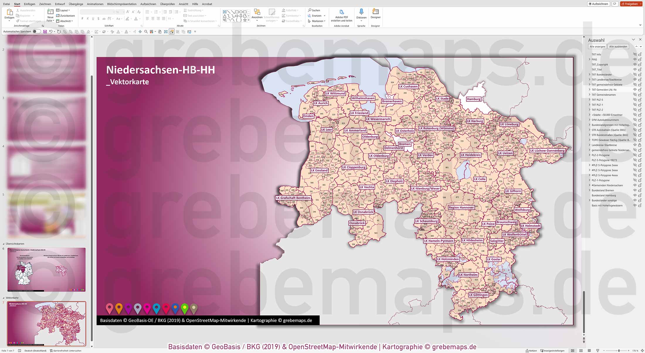 PowerPoint-Karte Niedersachsen Bremen Hamburg Postleitzahlen PLZ 5-stellig Gemeinden Landkreise Autobahnen einfärbbar bearbeitbar download - mit Deutschlandkarte (V2) [Digital] – Bild 18