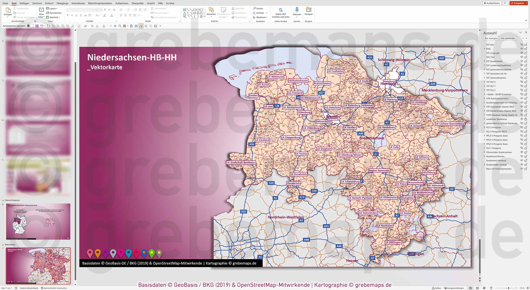 PowerPoint-Karte Niedersachsen Bremen Hamburg Postleitzahlen PLZ 5-stellig Gemeinden Landkreise Autobahnen einfärbbar bearbeitbar download - mit Deutschlandkarte (V2) [Digital] – Bild 16