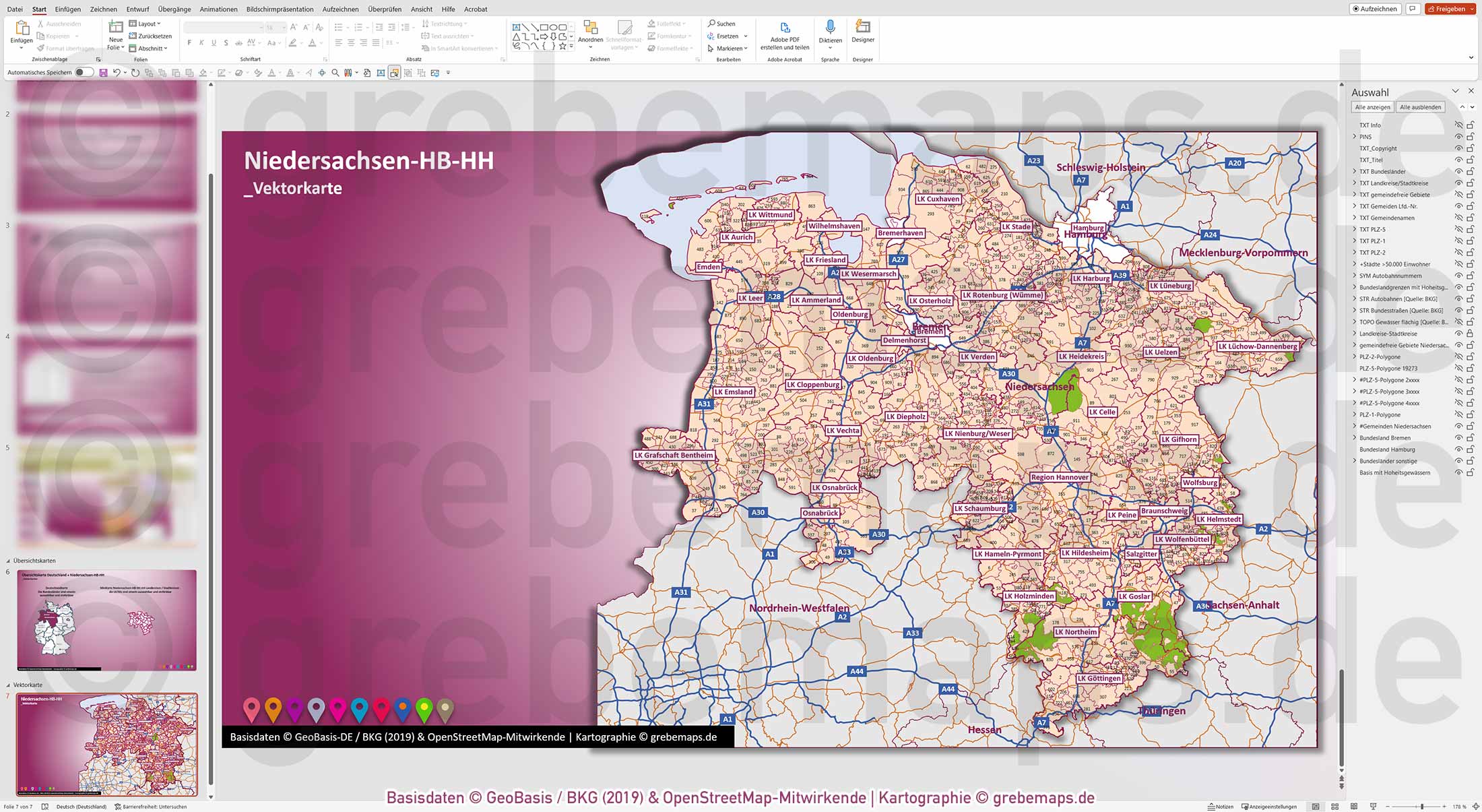 PowerPoint-Karte Niedersachsen Bremen Hamburg Postleitzahlen PLZ 5-stellig Gemeinden Landkreise Autobahnen einfärbbar bearbeitbar download - mit Deutschlandkarte (V2) [Digital] – Bild 15