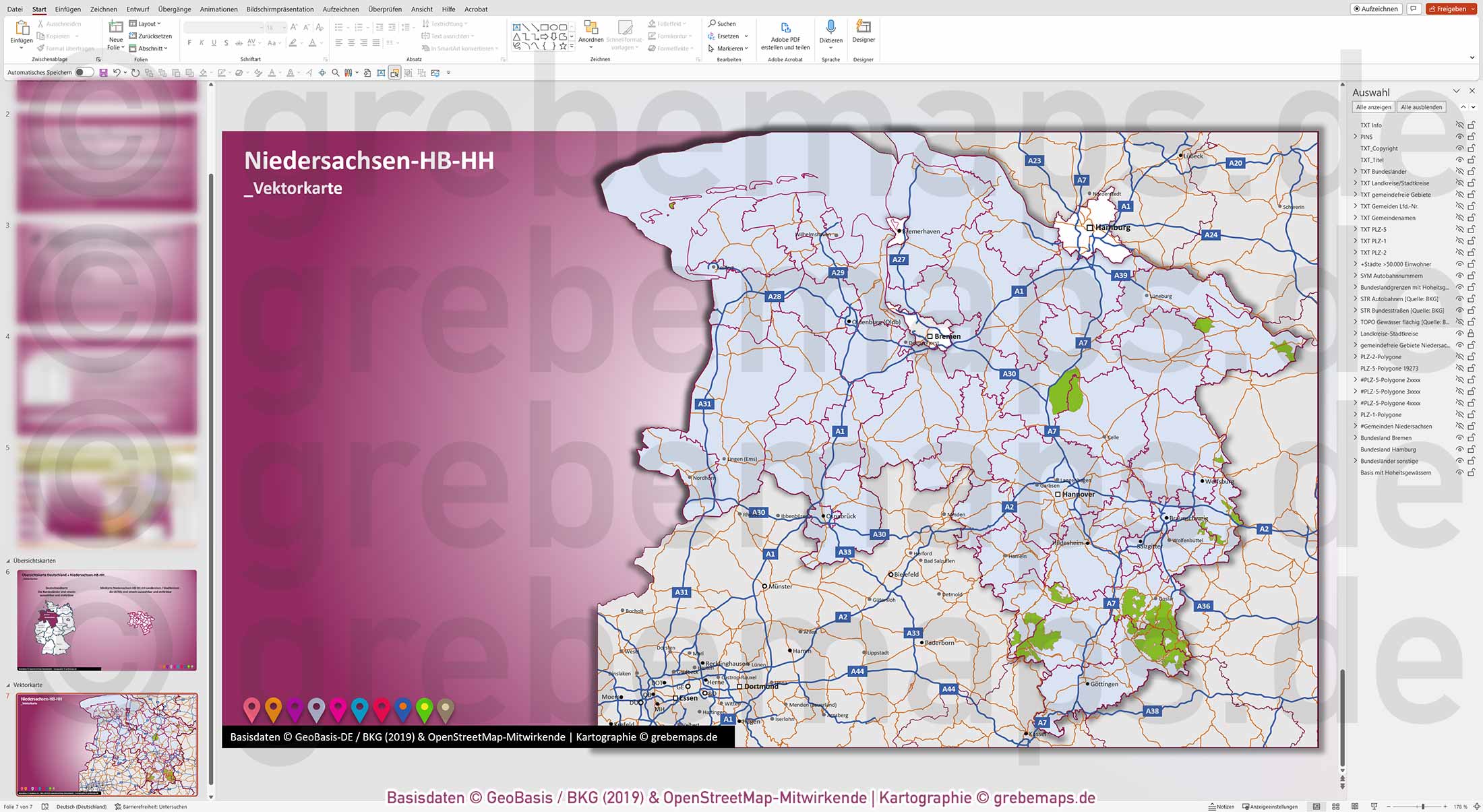 PowerPoint-Karte Niedersachsen Bremen Hamburg Postleitzahlen PLZ 5-stellig Gemeinden Landkreise Autobahnen einfärbbar bearbeitbar download - mit Deutschlandkarte (V2) [Digital] – Bild 14