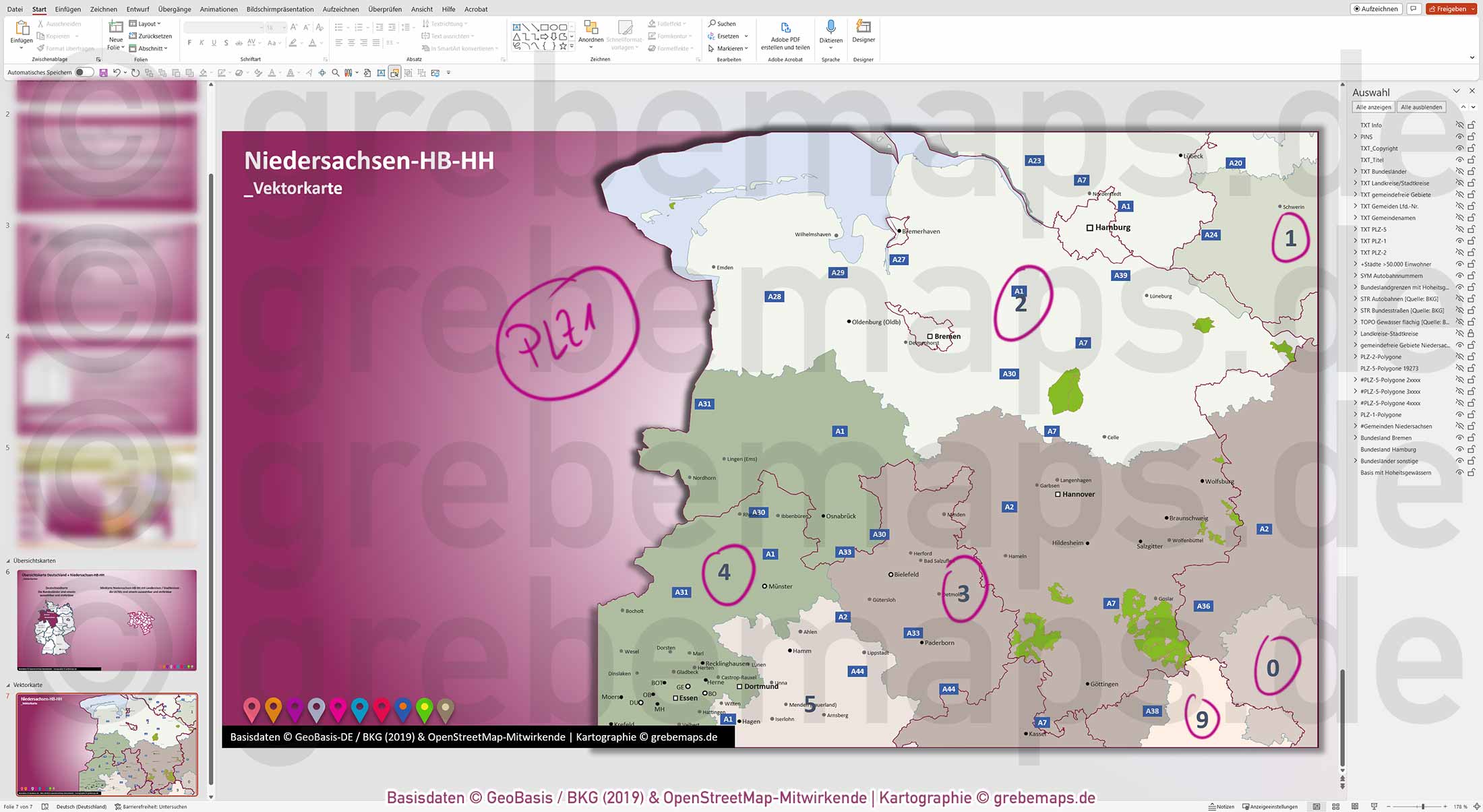 PowerPoint-Karte Niedersachsen Bremen Hamburg Postleitzahlen PLZ 5-stellig Gemeinden Landkreise Autobahnen einfärbbar bearbeitbar download - mit Deutschlandkarte (V2) [Digital] – Bild 13