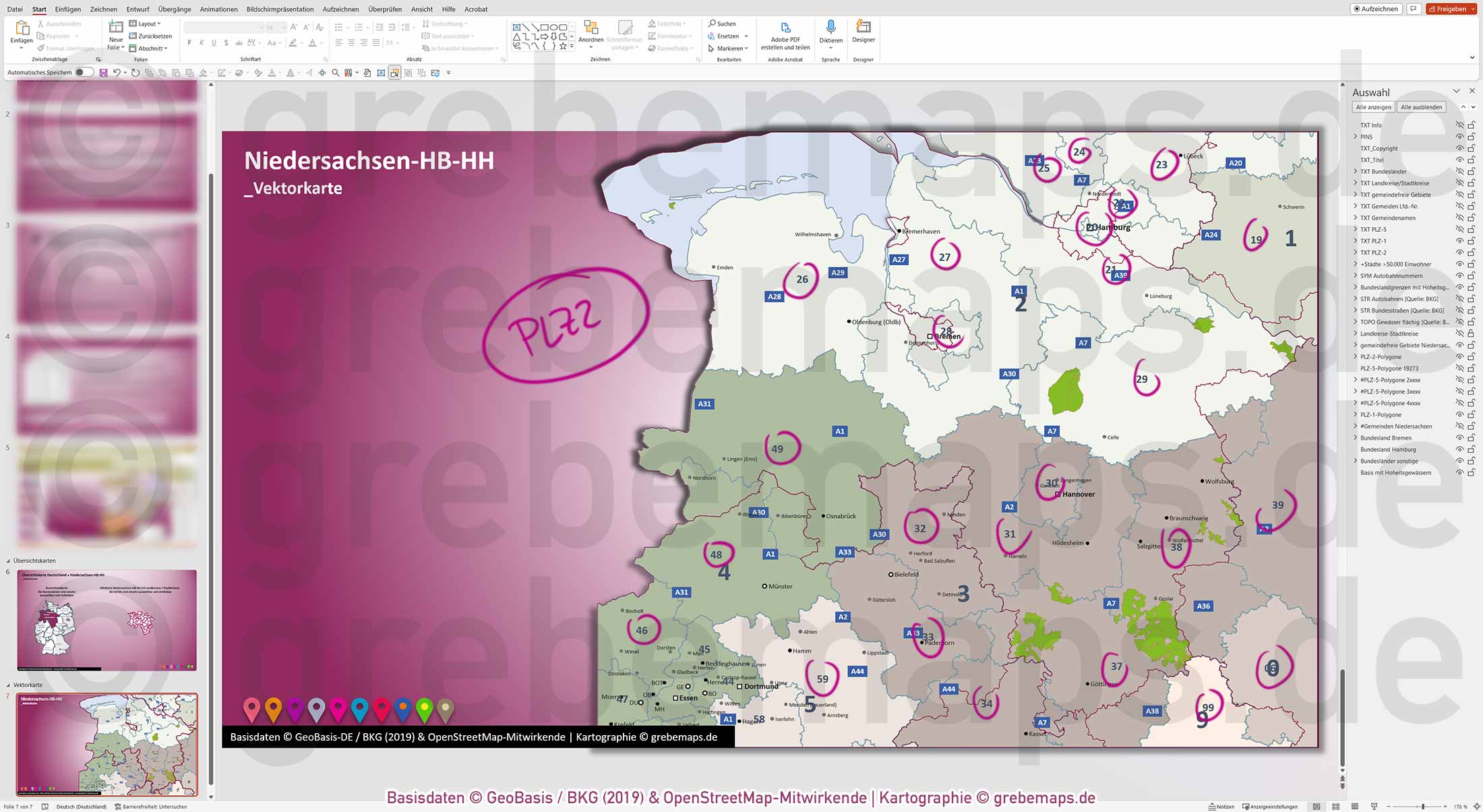 PowerPoint-Karte Niedersachsen Bremen Hamburg Postleitzahlen PLZ 5-stellig Gemeinden Landkreise Autobahnen einfärbbar bearbeitbar download - mit Deutschlandkarte (V2) [Digital] – Bild 12