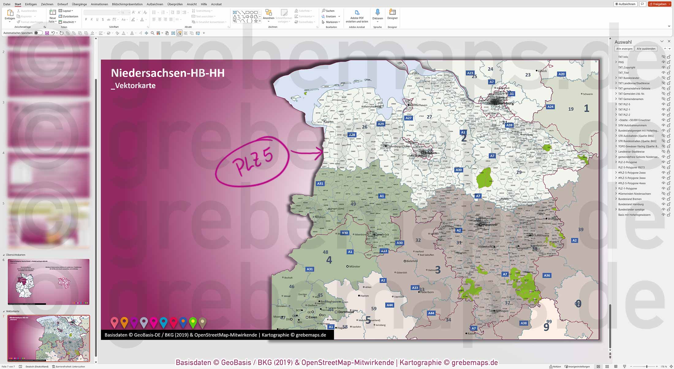 PowerPoint-Karte Niedersachsen Bremen Hamburg Postleitzahlen PLZ 5-stellig Gemeinden Landkreise Autobahnen einfärbbar bearbeitbar download - mit Deutschlandkarte (V2) [Digital] – Bild 11
