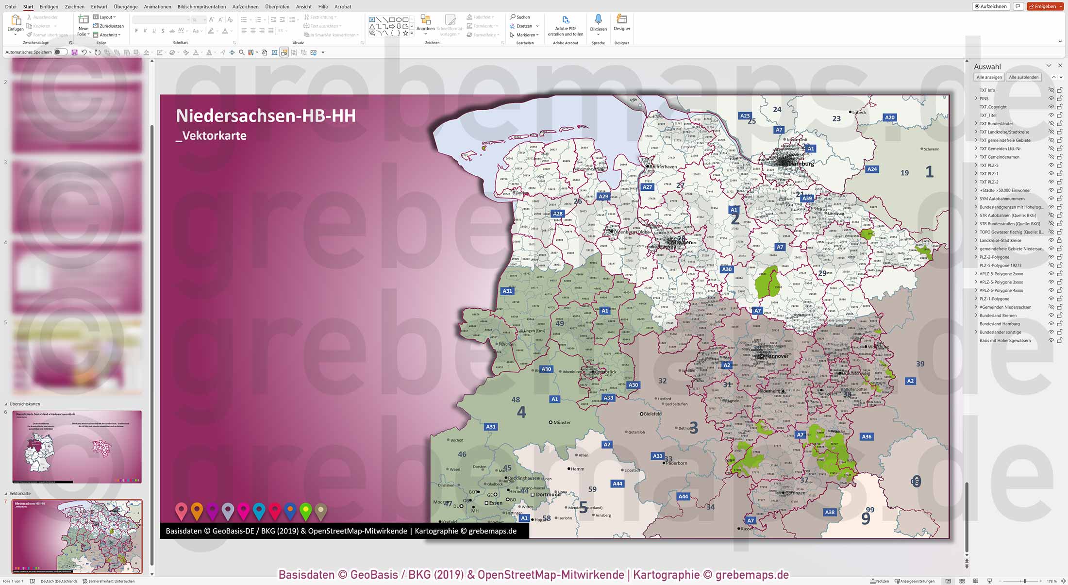 PowerPoint-Karte Niedersachsen Bremen Hamburg Postleitzahlen PLZ 5-stellig Gemeinden Landkreise Autobahnen einfärbbar bearbeitbar download - mit Deutschlandkarte (V2) [Digital] – Bild 10