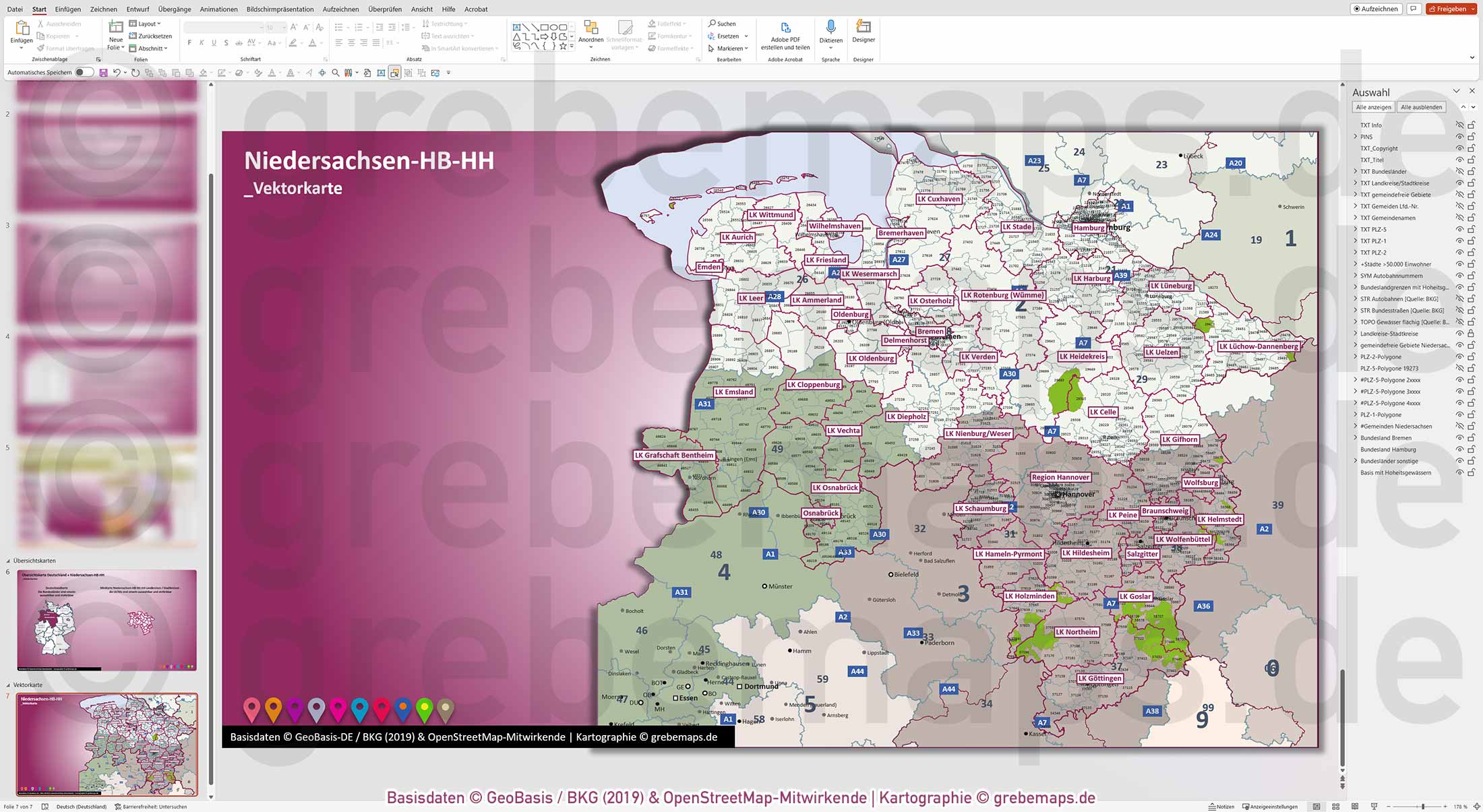 PowerPoint-Karte Niedersachsen Bremen Hamburg Postleitzahlen PLZ 5-stellig Gemeinden Landkreise Autobahnen einfärbbar bearbeitbar download - mit Deutschlandkarte (V2) [Digital] – Bild 9