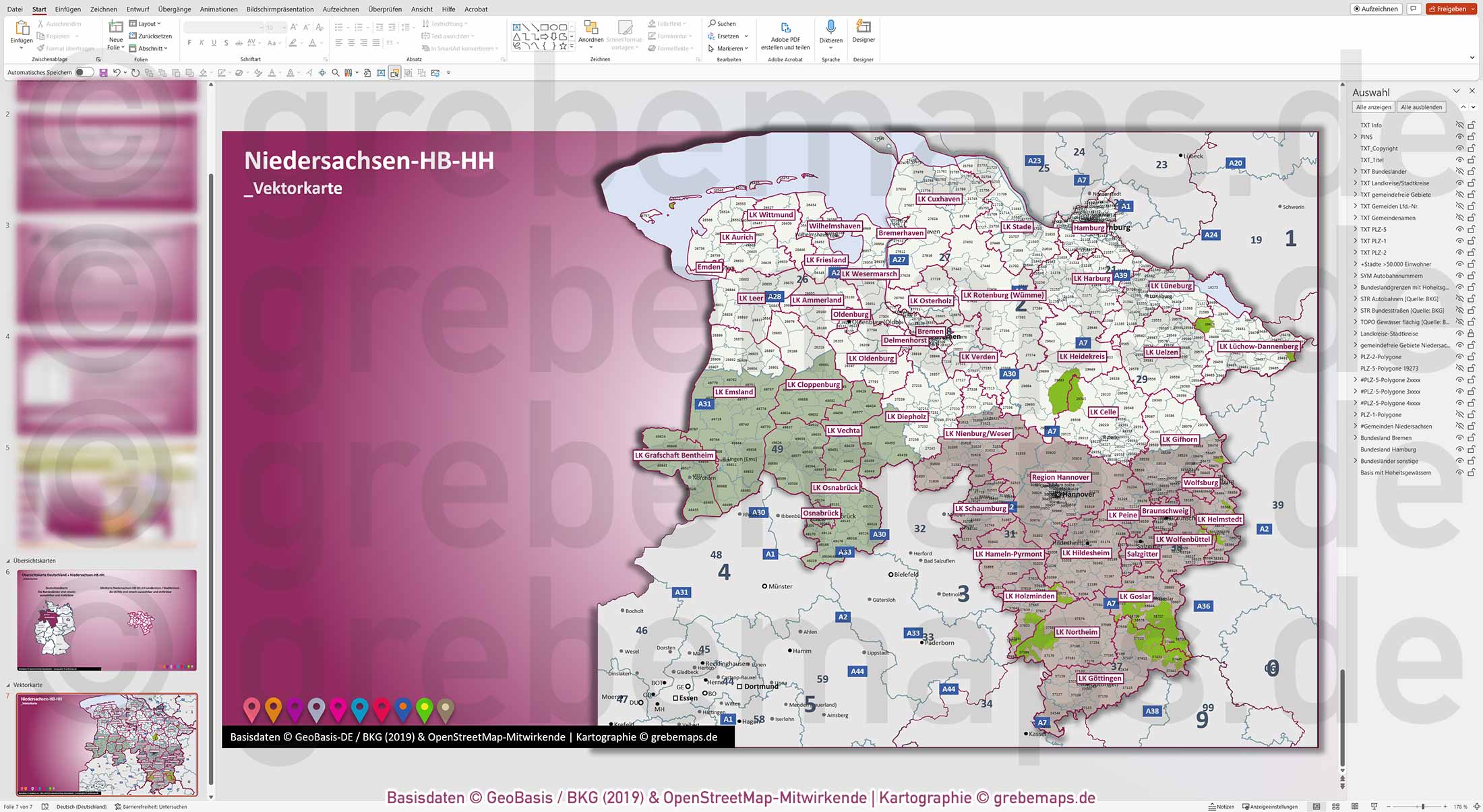 PowerPoint-Karte Niedersachsen Bremen Hamburg Postleitzahlen PLZ 5-stellig Gemeinden Landkreise Autobahnen einfärbbar bearbeitbar download - mit Deutschlandkarte (V2) [Digital] – Bild 8