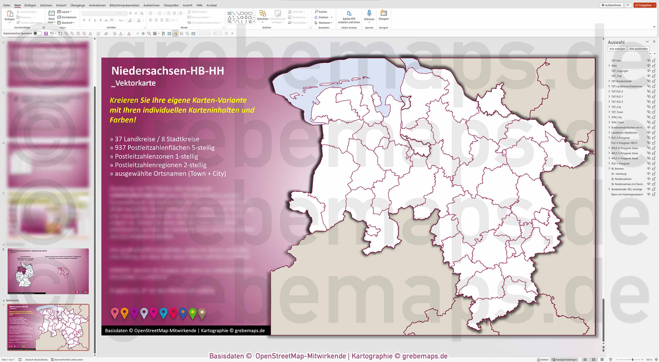 PowerPoint-Karte Niedersachsen Bremen Hamburg Postleitzahlen PLZ 1-2-5-stellig Landkreise einfärbbar bearbeitbar download - mit Deutschlandkarte [Digital] – Bild 15