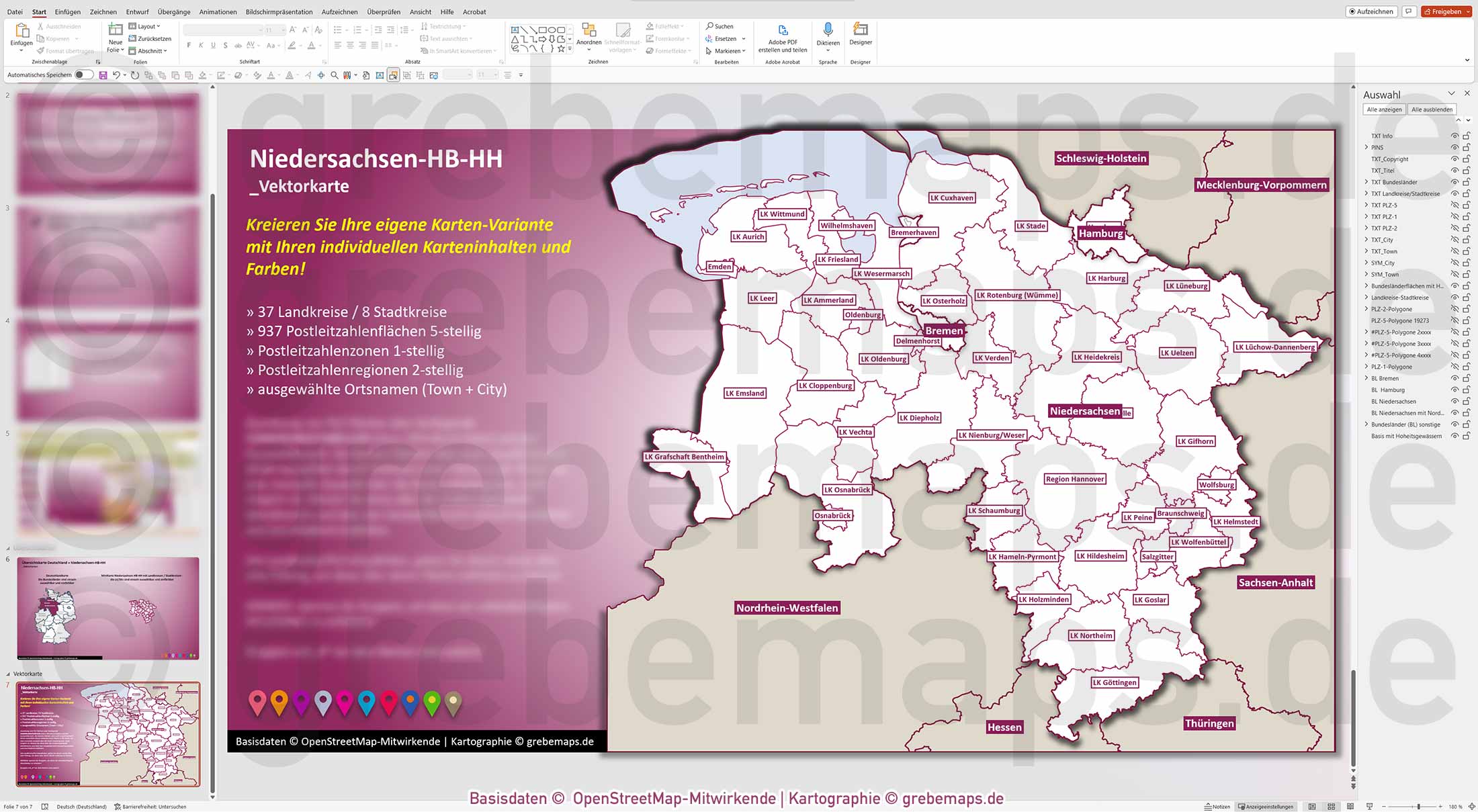 PowerPoint-Karte Niedersachsen Bremen Hamburg Postleitzahlen PLZ 1-2-5-stellig Landkreise einfärbbar bearbeitbar download - mit Deutschlandkarte [Digital] – Bild 14