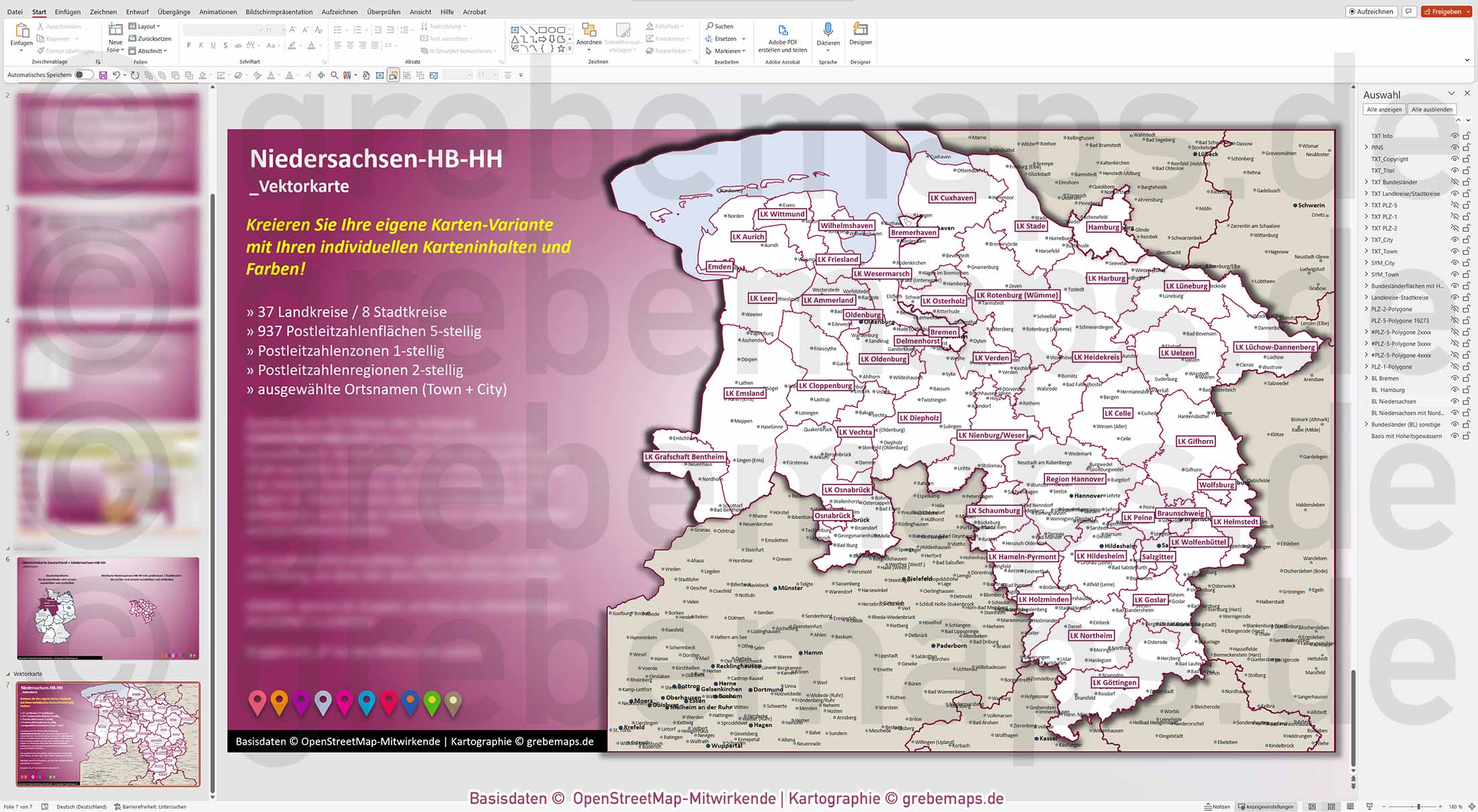 PowerPoint-Karte Niedersachsen Bremen Hamburg Postleitzahlen PLZ 1-2-5-stellig Landkreise einfärbbar bearbeitbar download - mit Deutschlandkarte [Digital] – Bild 12