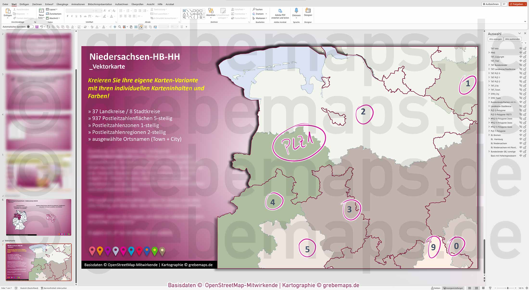 PowerPoint-Karte Niedersachsen Bremen Hamburg Postleitzahlen PLZ 1-2-5-stellig Landkreise einfärbbar bearbeitbar download - mit Deutschlandkarte [Digital] – Bild 11