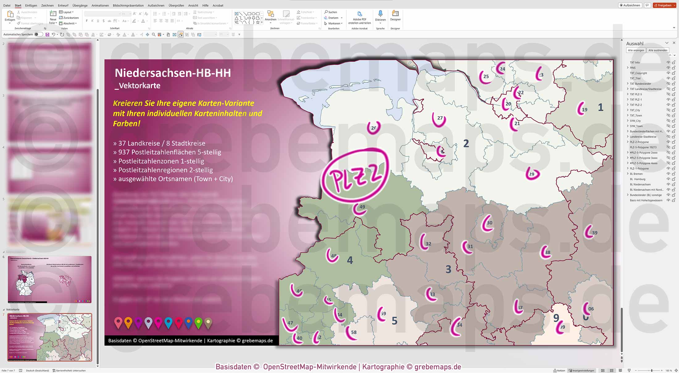 PowerPoint-Karte Niedersachsen Bremen Hamburg Postleitzahlen PLZ 1-2-5-stellig Landkreise einfärbbar bearbeitbar download - mit Deutschlandkarte [Digital] – Bild 10