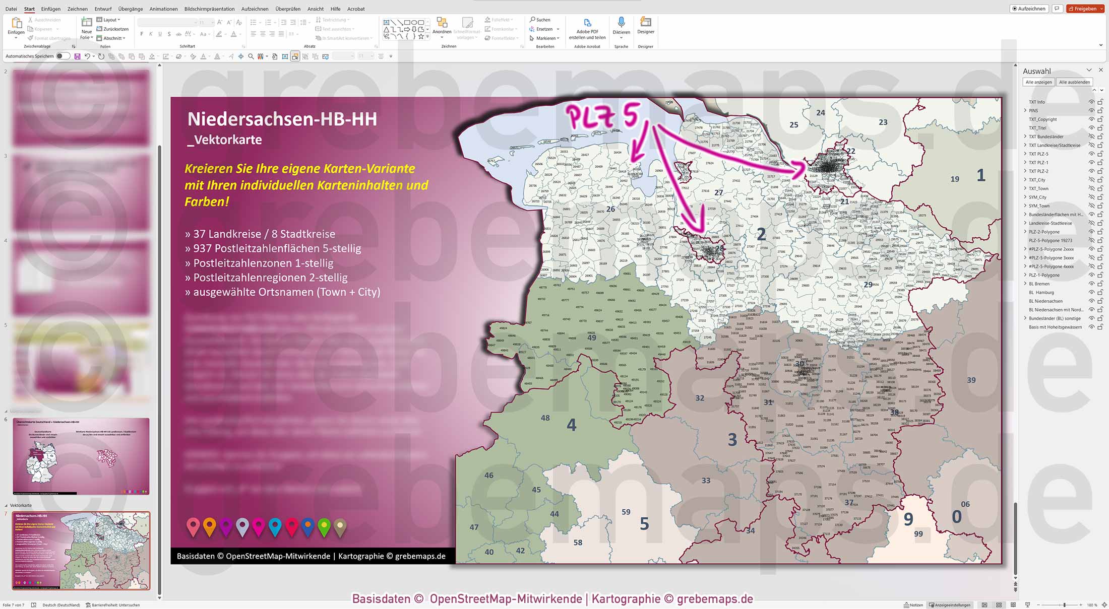 PowerPoint-Karte Niedersachsen Bremen Hamburg Postleitzahlen PLZ 1-2-5-stellig Landkreise einfärbbar bearbeitbar download - mit Deutschlandkarte [Digital] – Bild 9
