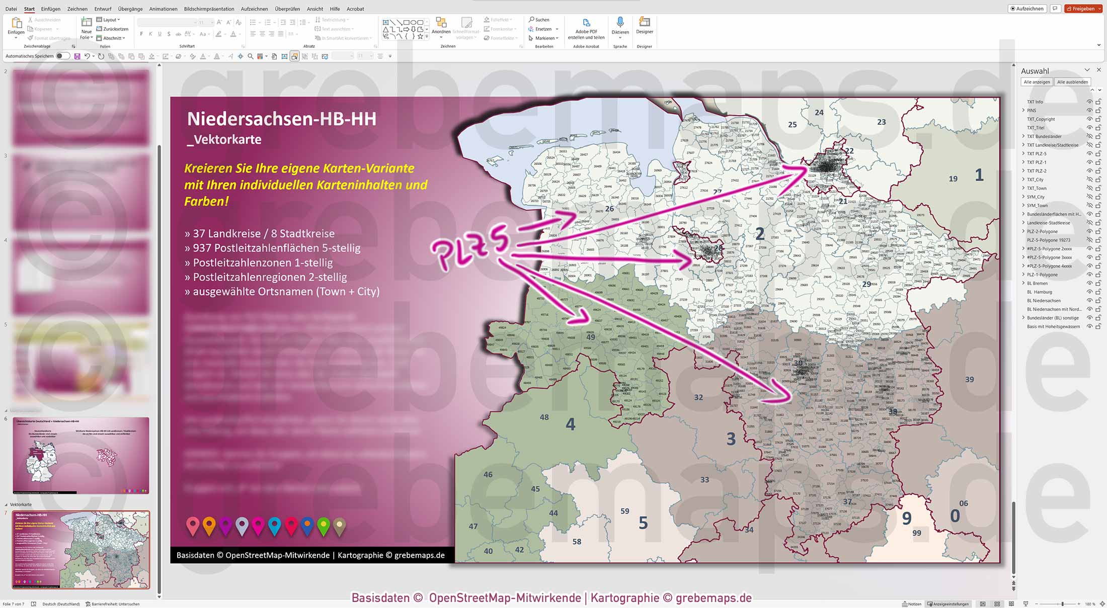 PowerPoint-Karte Niedersachsen Bremen Hamburg Postleitzahlen PLZ 1-2-5-stellig Landkreise einfärbbar bearbeitbar download - mit Deutschlandkarte [Digital] – Bild 8