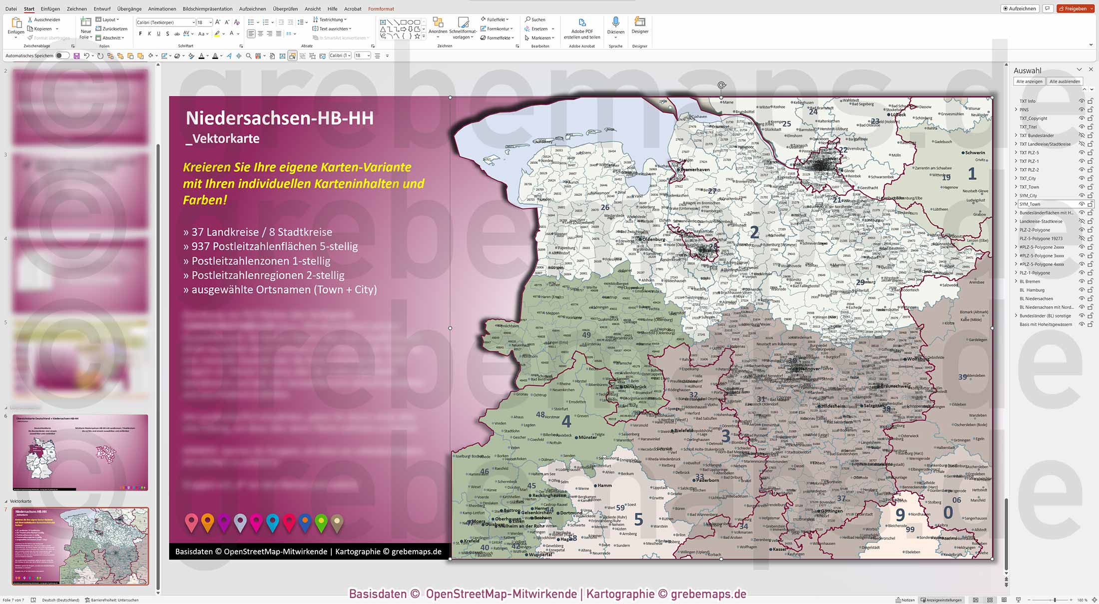 PowerPoint-Karte Niedersachsen Bremen Hamburg Postleitzahlen PLZ 1-2-5-stellig Landkreise einfärbbar bearbeitbar download - mit Deutschlandkarte [Digital] – Bild 7