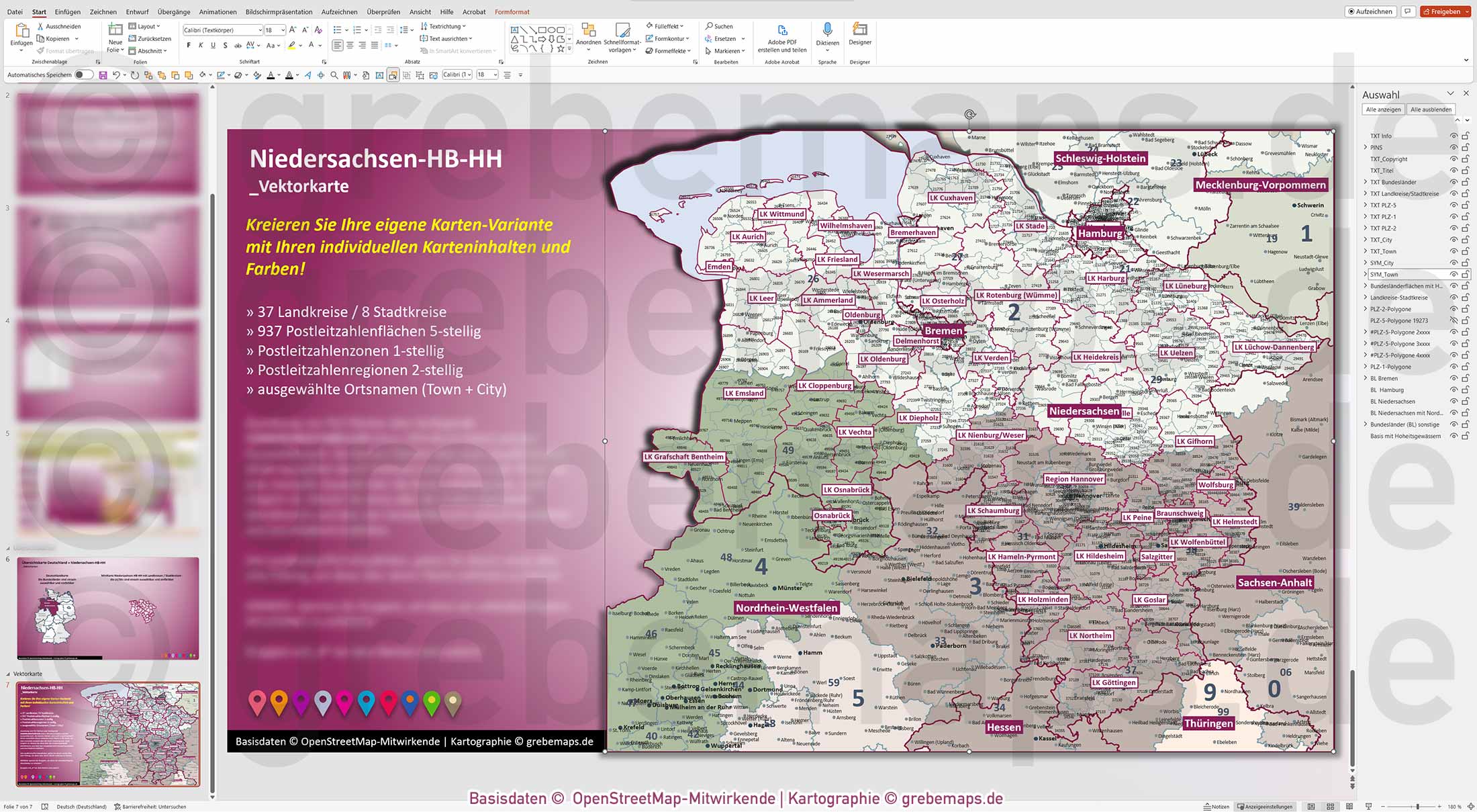 PowerPoint-Karte Niedersachsen Bremen Hamburg Postleitzahlen PLZ 1-2-5-stellig Landkreise einfärbbar bearbeitbar download - mit Deutschlandkarte [Digital] – Bild 6