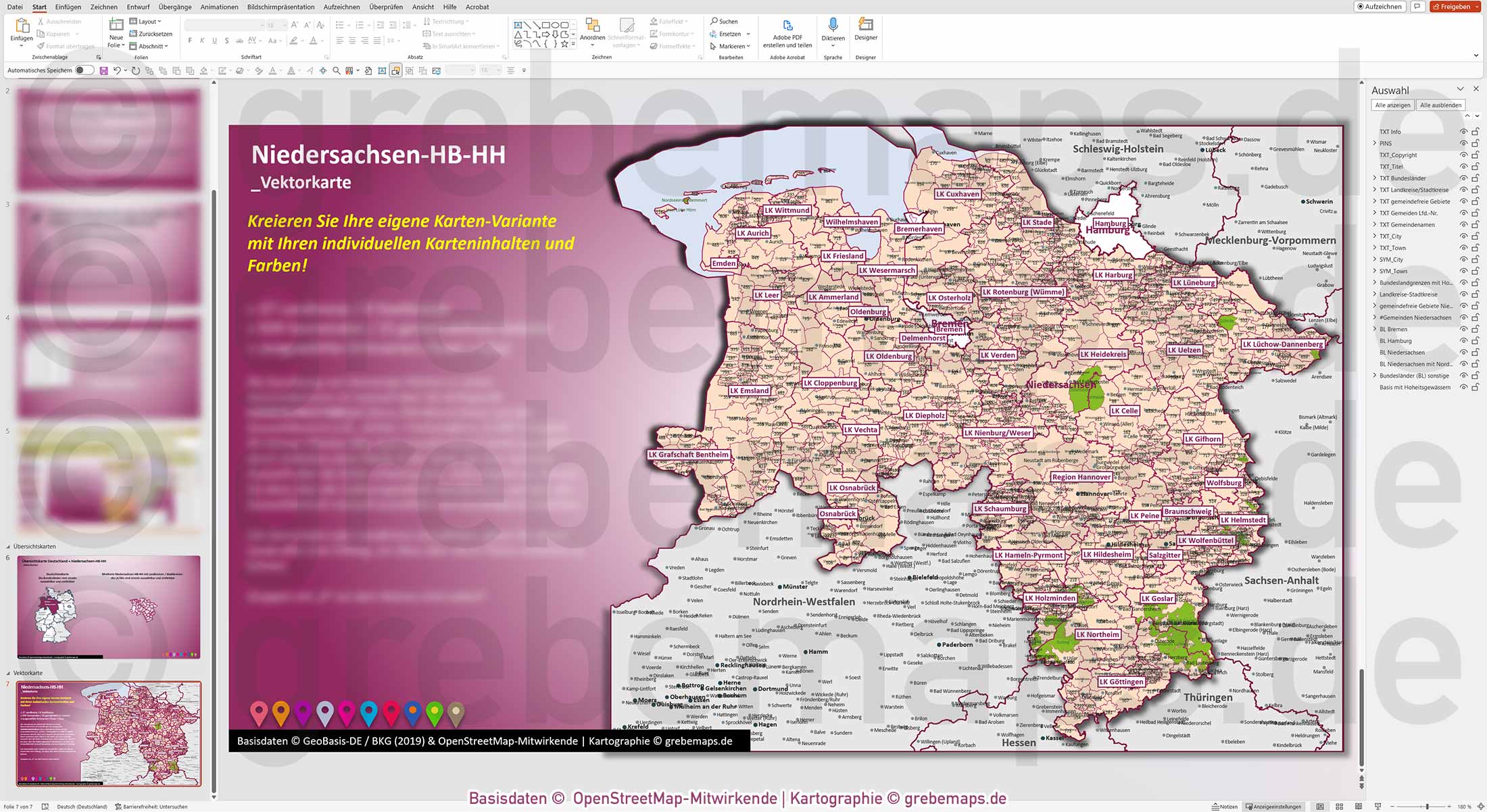 PowerPoint-Karte Niedersachsen Bremen Hamburg Gemeinden Landkreise einfärbbar bearbeitbar download - mit Deutschlandkarte [Digital] – Bild 18