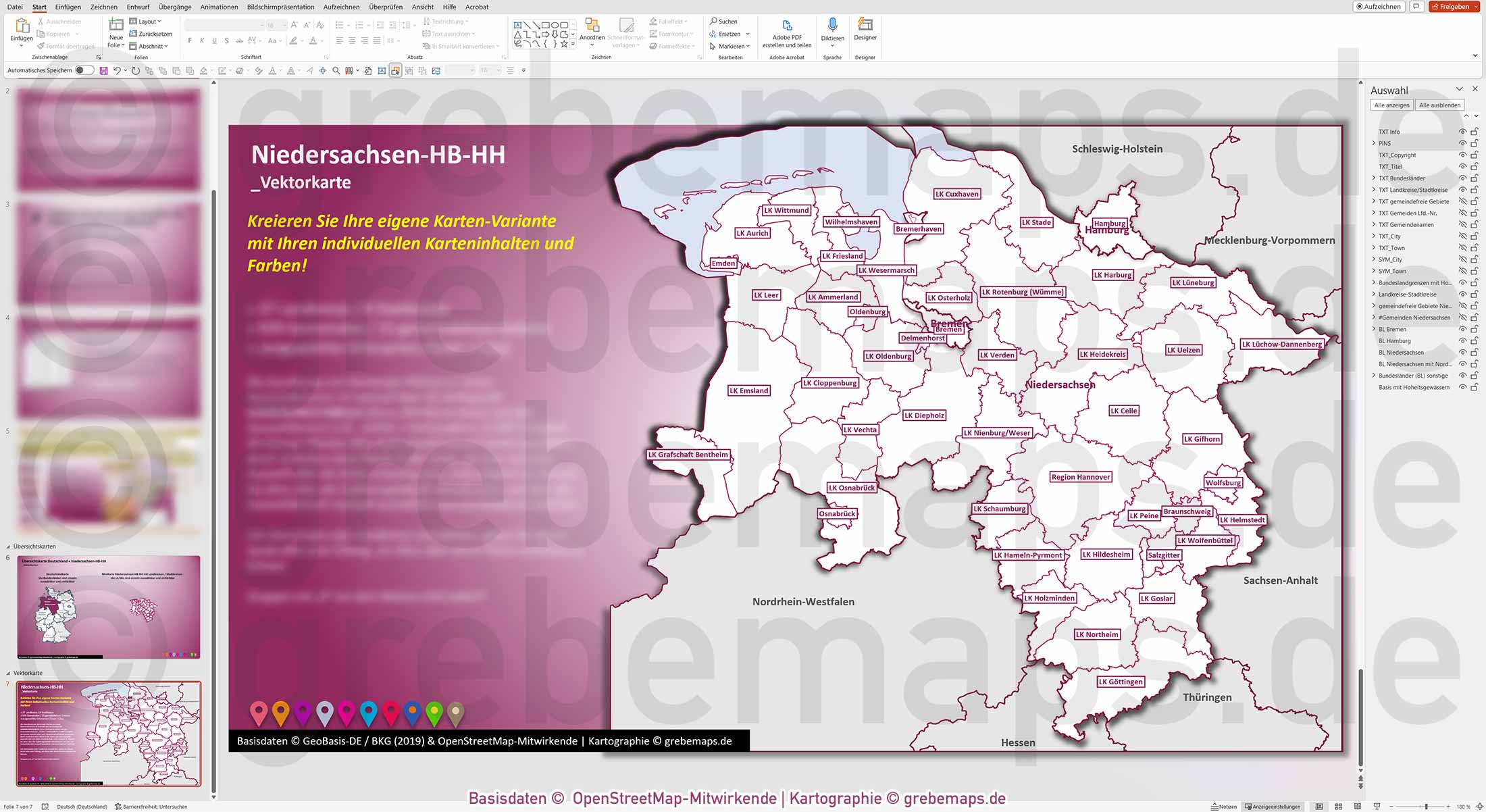 PowerPoint-Karte Niedersachsen Bremen Hamburg Gemeinden Landkreise einfärbbar bearbeitbar download - mit Deutschlandkarte [Digital] – Bild 15