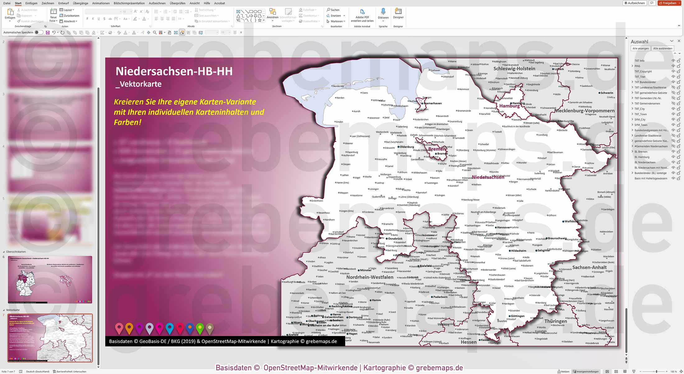 PowerPoint-Karte Niedersachsen Bremen Hamburg Gemeinden Landkreise einfärbbar bearbeitbar download - mit Deutschlandkarte [Digital] – Bild 14