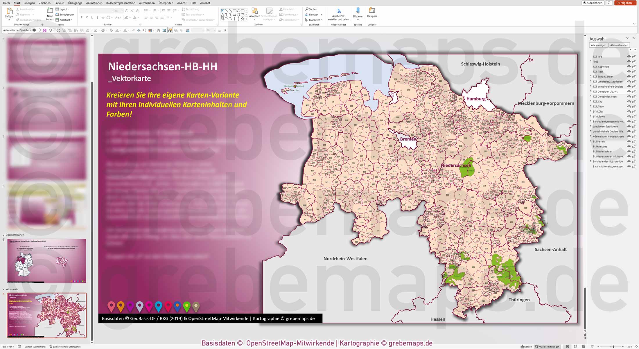PowerPoint-Karte Niedersachsen Bremen Hamburg Gemeinden Landkreise einfärbbar bearbeitbar download - mit Deutschlandkarte [Digital] – Bild 10