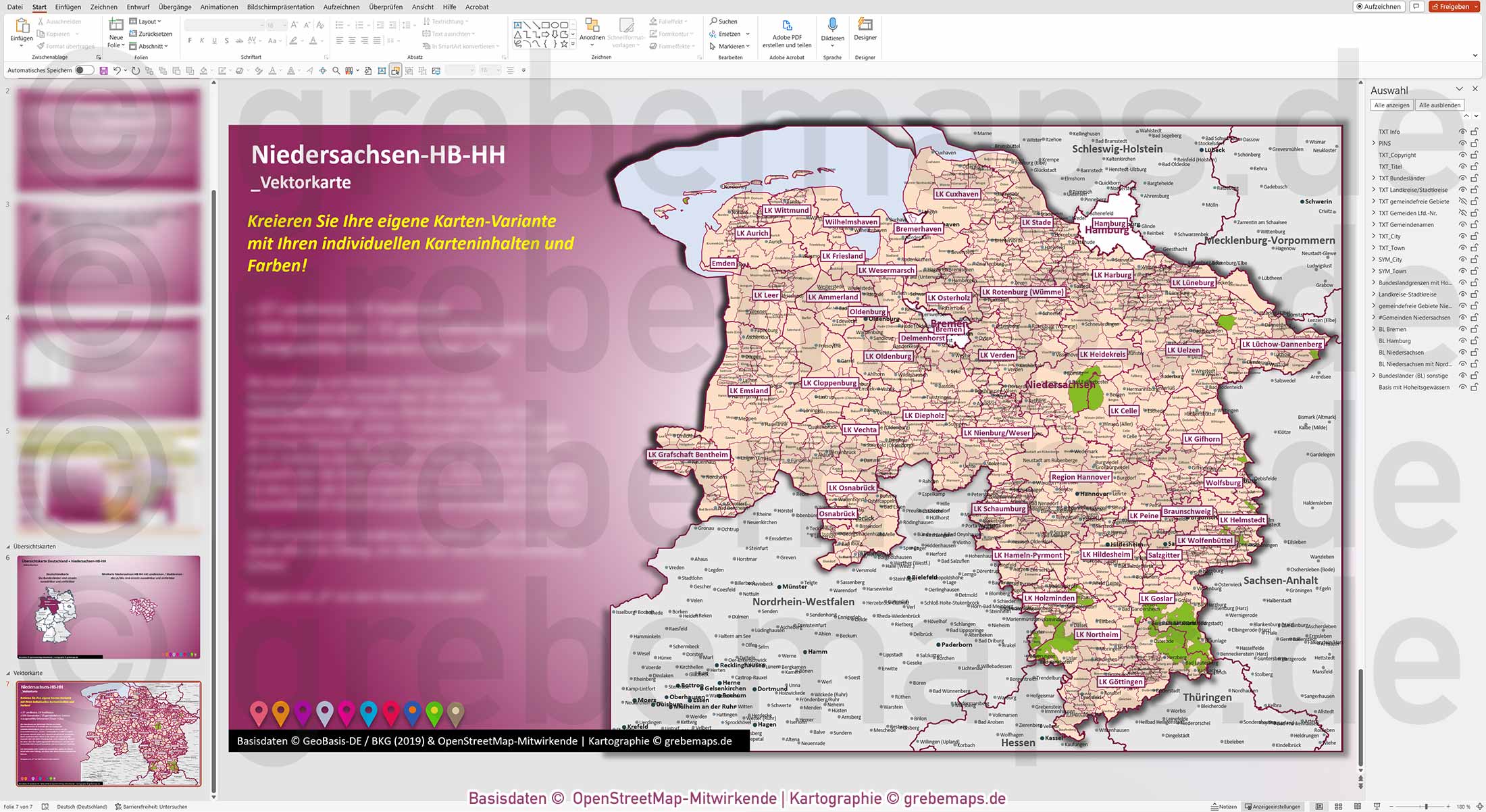 PowerPoint-Karte Niedersachsen Bremen Hamburg Gemeinden Landkreise einfärbbar bearbeitbar download - mit Deutschlandkarte [Digital] – Bild 9